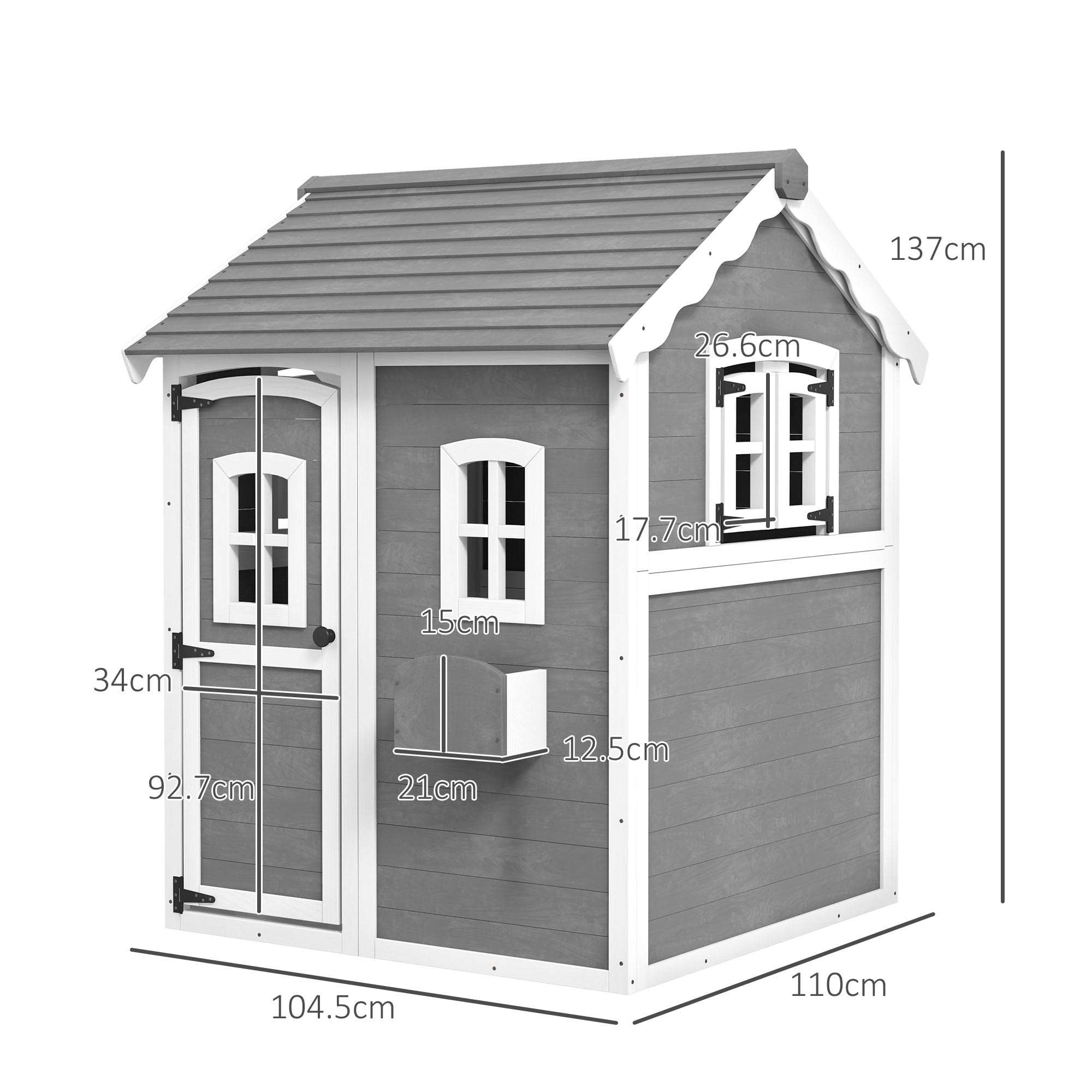 Outsunny Casetta per Bambini 3-8 Anni con 6 Finestre e Fioriera, Casetta da Gioco in Legno di Abete, 104.5x110x137 cm, Grigia