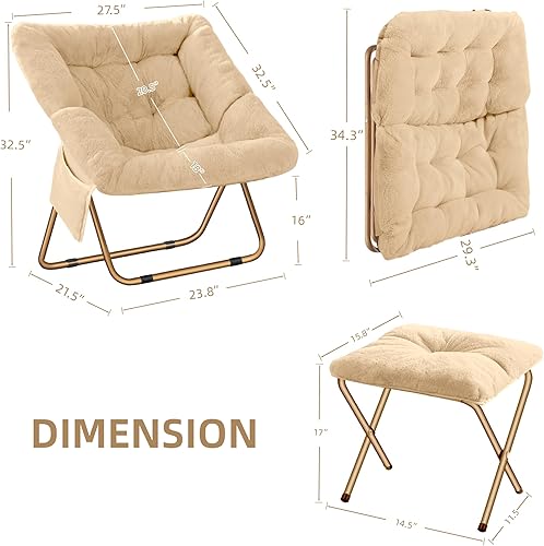 Miniatura 3 de Silla plegable Comfy Saucer para sala de estar, silla de piel sintética suave para dormitorio, sillas de lectura para adultos y niños, XL, beige