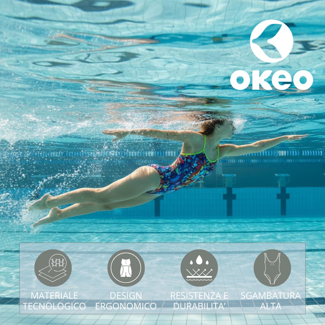 Okeo Costume Piscina Donna, Costume Nuoto Donna, Intero Gaia, Tessuto Tecnico X-Play, Sgambatura Alta, Resiste ad Abrasioni e Pilling, Ideale per Training
