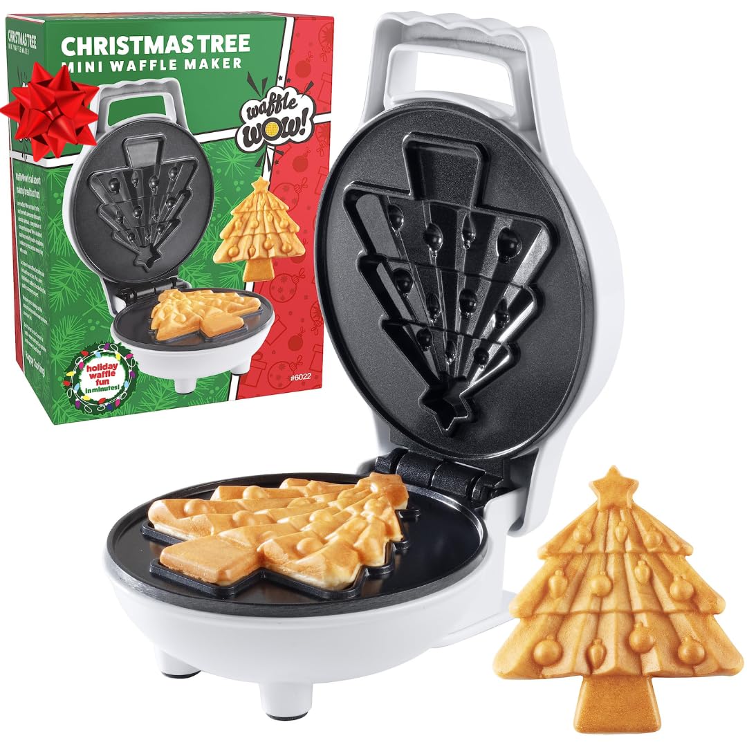 Christmas Tree Mini Waffle Maker- Make this Holiday Special for Kids w Cute 4 Inch Waffler Iron, Electric Non Stick Breakfast Appliance for Xmas Season, Festive Gift or Cute Dessert, Treat for Santa