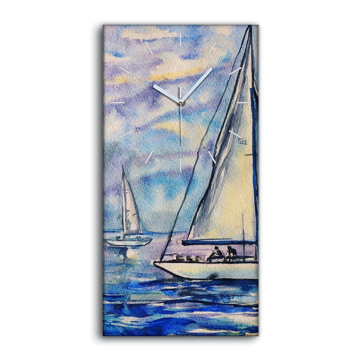 Horloge sur Toile Bateaus Eau Ciel Bleu 30x60cm pour Salon et Chambre Moderne