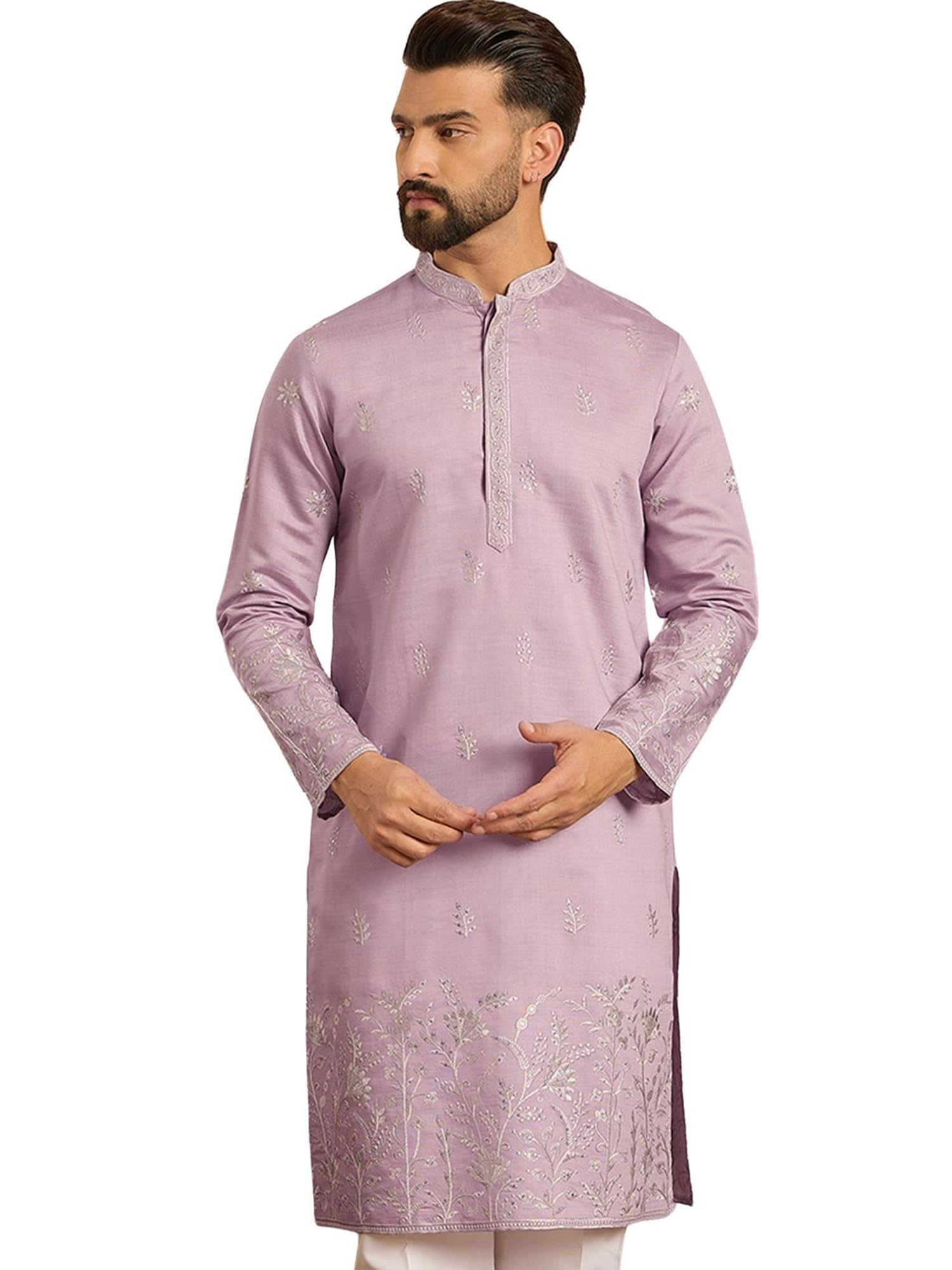ethnic bay Mens Lavender Silk Blend Embroidered Floral Calf Length Kurta | Men's | Kurta for Men | Straight Fit Kurta's for Men's-picture-10