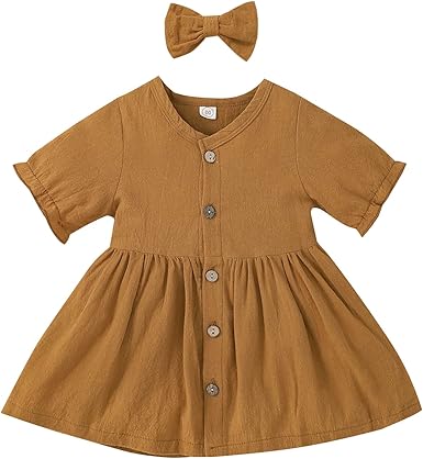 Amazon Com Summer Girls Dresses Short Sleeve Buttons Down Linen A Line Dress With Bow Hairpin Kids Casual Dresses 0 4 Years Clothing Shoes Jewelry