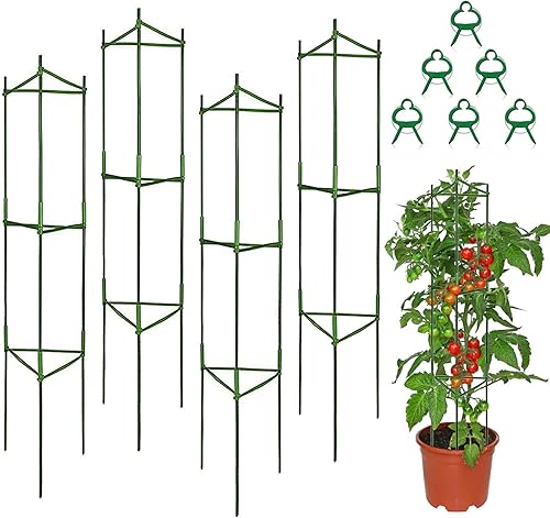 Paquete de 4 jaulas para tomates, hasta 48 pulgadas, estacas de tomate de jardín enrejado, jaulas de tomate expandibles, con 6 clips de soporte para