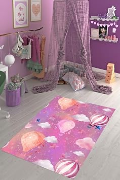 Pelangi U an Balon Bulut Desenli Hal  Dijital Bask  Y kanabilir Kaymaz Taban Leke Tutmaz  ocuk Odas  Hal s , Pembe 80 x 600