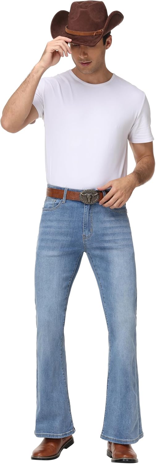 Men's Flared Jeans Slim Fit Bell Bottom Denim Pants - Cowboy Western Stretch Disco Style Vintage 70s Fashion Trousers image 3
