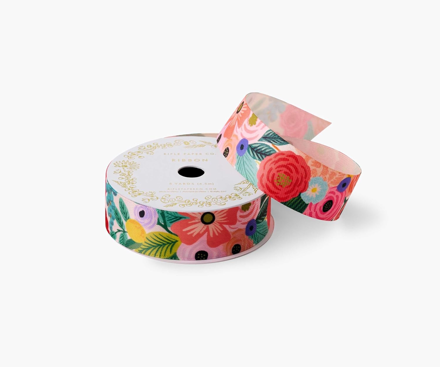 RIFLE PAPER CO. Garden Party Floral Ribbon Set for Crafts and Gift Wrapping, 5 Patterns, 4 Satin and 1 Grosgrain Fabric, Printed in Full Color with Metallic Gold Accents, 5 Yards Each