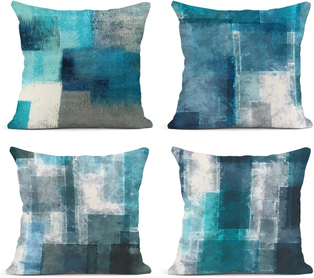 Emvency Set of 4 Throw Pillow Covers Blue and Grey White Art Artwork Contemporary Decorative Gray Cushion Sofa Bedroom Car Decor Pillow Cases Home Decorative Square 26x26 Inches Pillowcases
