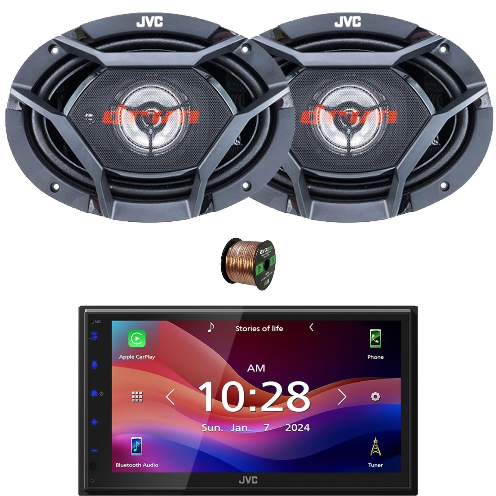 JVC KW-M590BT Double DIN 6.8" Capacitive Touchscreen Digital Media Bluetooth USB/AM/FM Radio Receiver Bundle Combo with One Pair (Qty 2) of 6x9 500 Watt 3-Way Coaxial Car Speakers, Speaker Wire