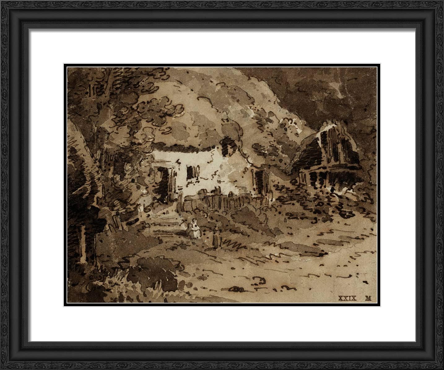 ArtDirect Girtin, Thomas 24x20 Black Ornate Framed Art Print with Double Matting Titled: A Thatched Cottage Among Trees