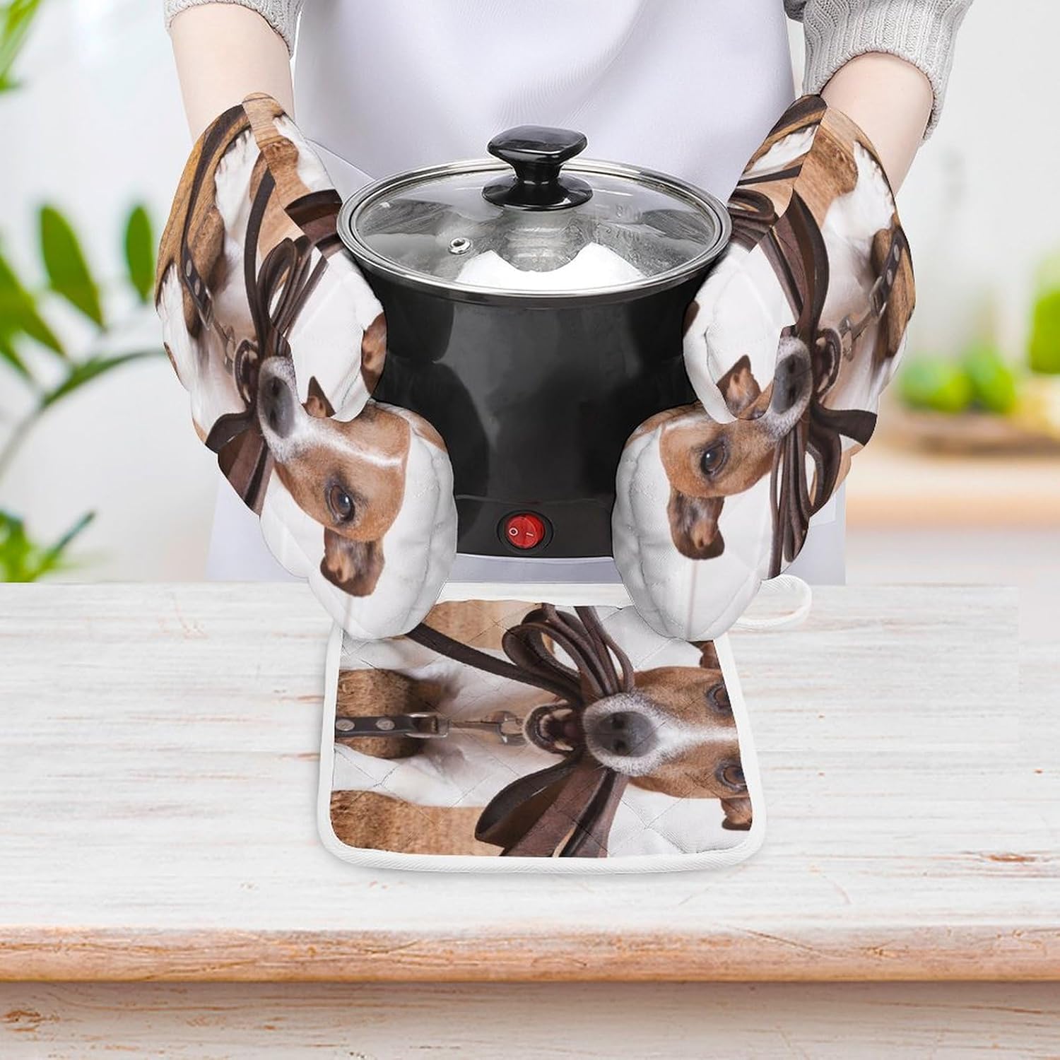 Cute Jack Russell Terrier Dogs Print Oven Mitts and Pot Holders 3 Piece Sets Heat Resistant Gloves Hot Pads Potholders for Kitchen Baking Cooking