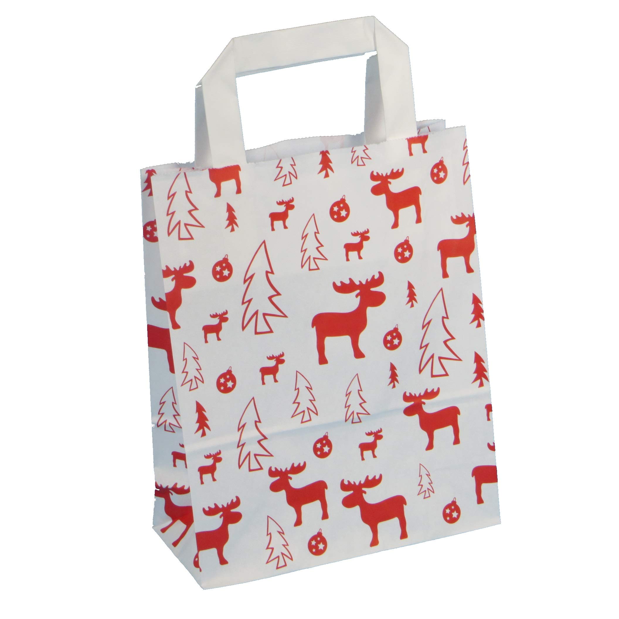 250 Papiertragetaschen Geschenktüten Weihnachten Papiertüten Tragetaschen Papier mit Weihnachtsmotiv Elch Rot auf Weiß 3 verschiedene Größen zur Auswahl (18+8x22cm)