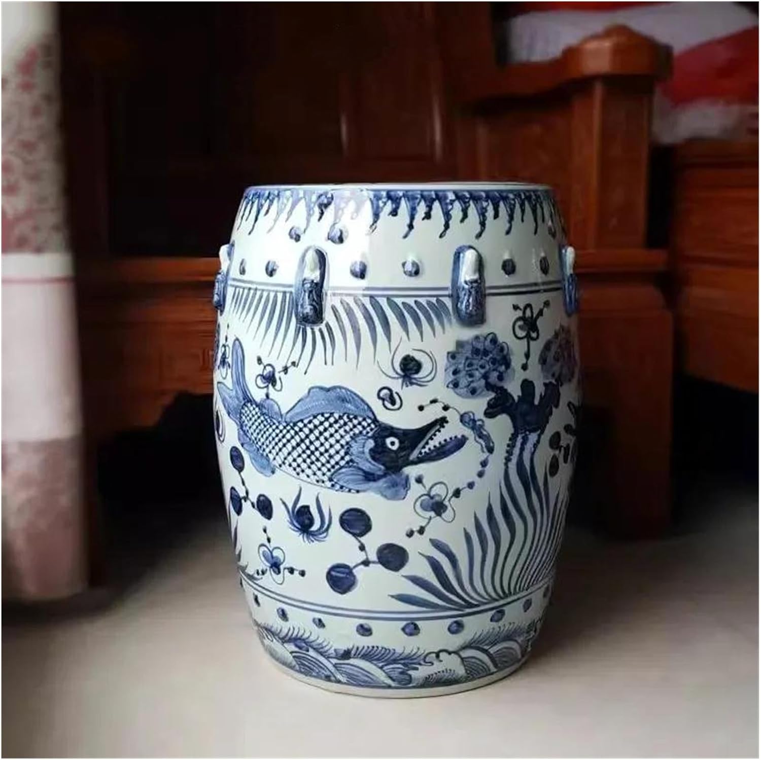 Decorative Garden Stools, Chinese Antique Blue and White Ceramic Phoenix Rich Peony Drum(B)