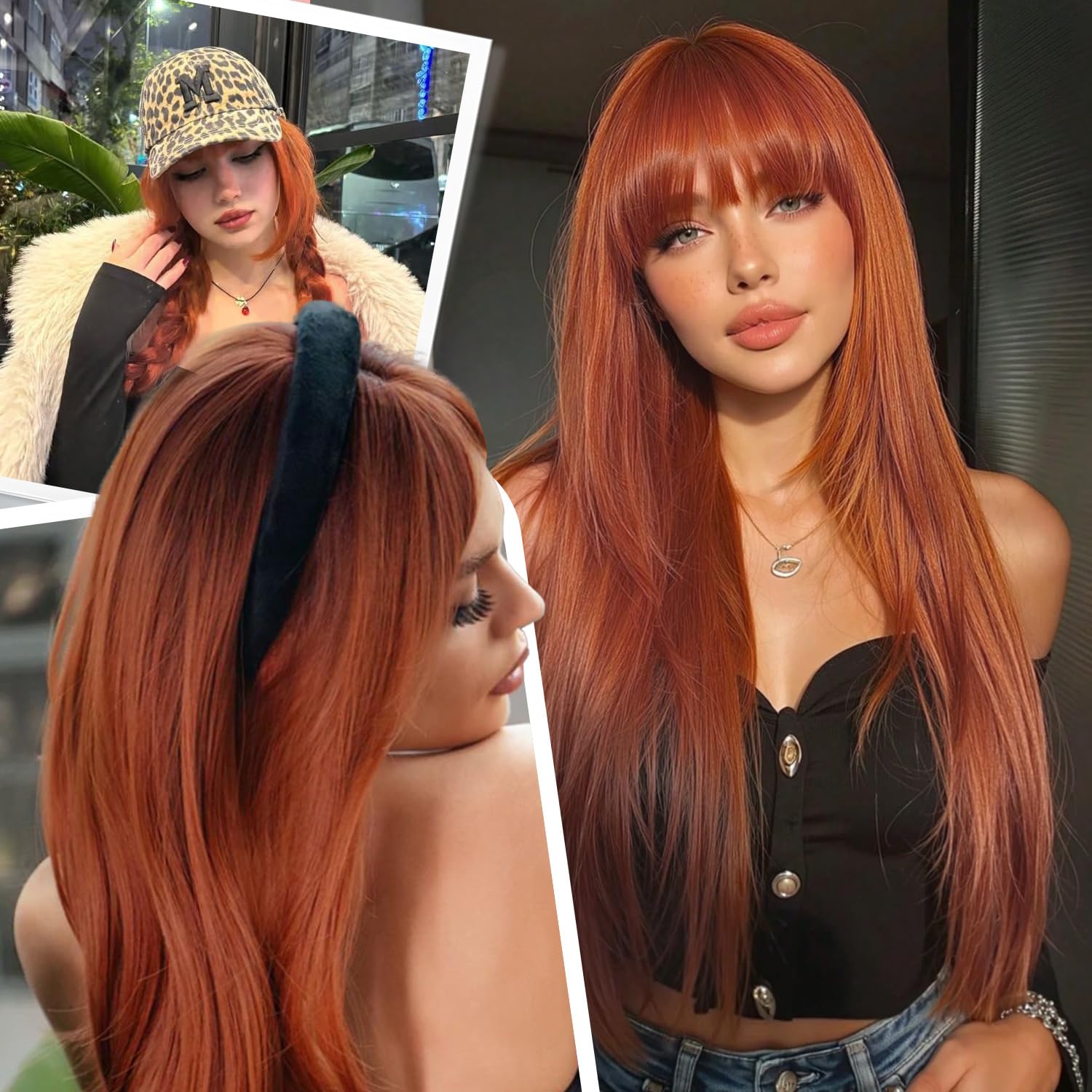 Ginger Wig with Bangs Long Ginger Wig for Women Synthetic Heat-Resistant Hair Layered Style Hair for Daily and Party Use - Image 5