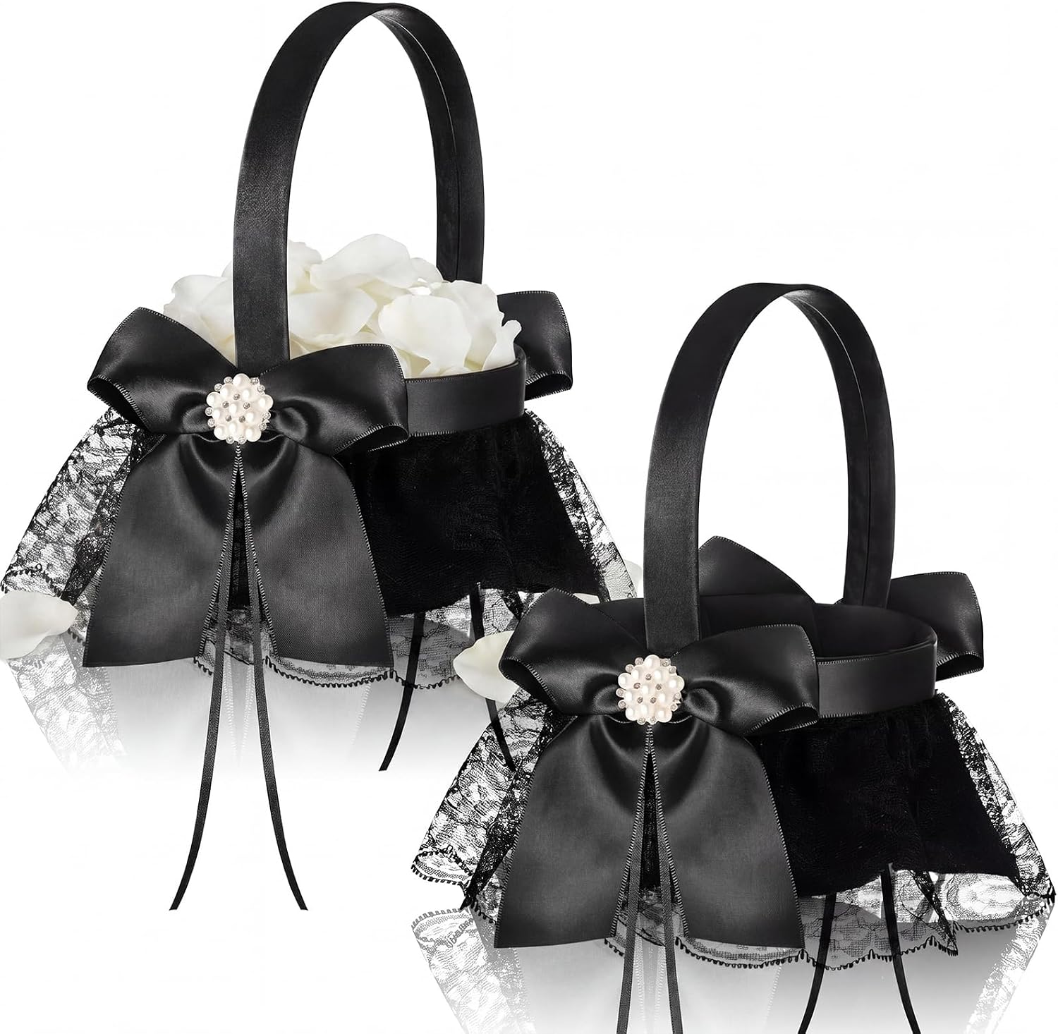 2 Pcs Wedding Flower Girl Basket, Flower Basket for Wedding Ceremony Satin Rhinestone with Handle for Petals Confetti Banquet Home Decoration Gothic Western Party (Black,Lace and Pearl)