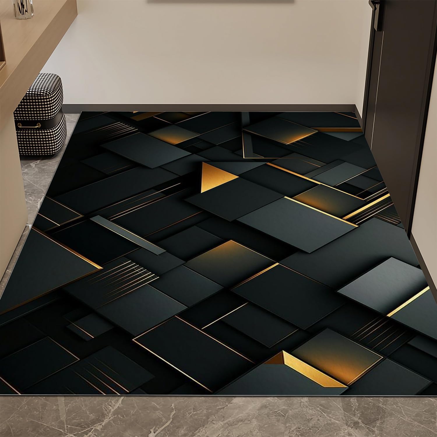 Générique Géométrie Grand Tapis de Salon Chambre 160x230cm Moderne Noir Or Lavable Antidérapant, Poils Ras Doux Tapis Décoration Moderne pour Coucher Couloir,Cuisine, Salle à Manger 1H804