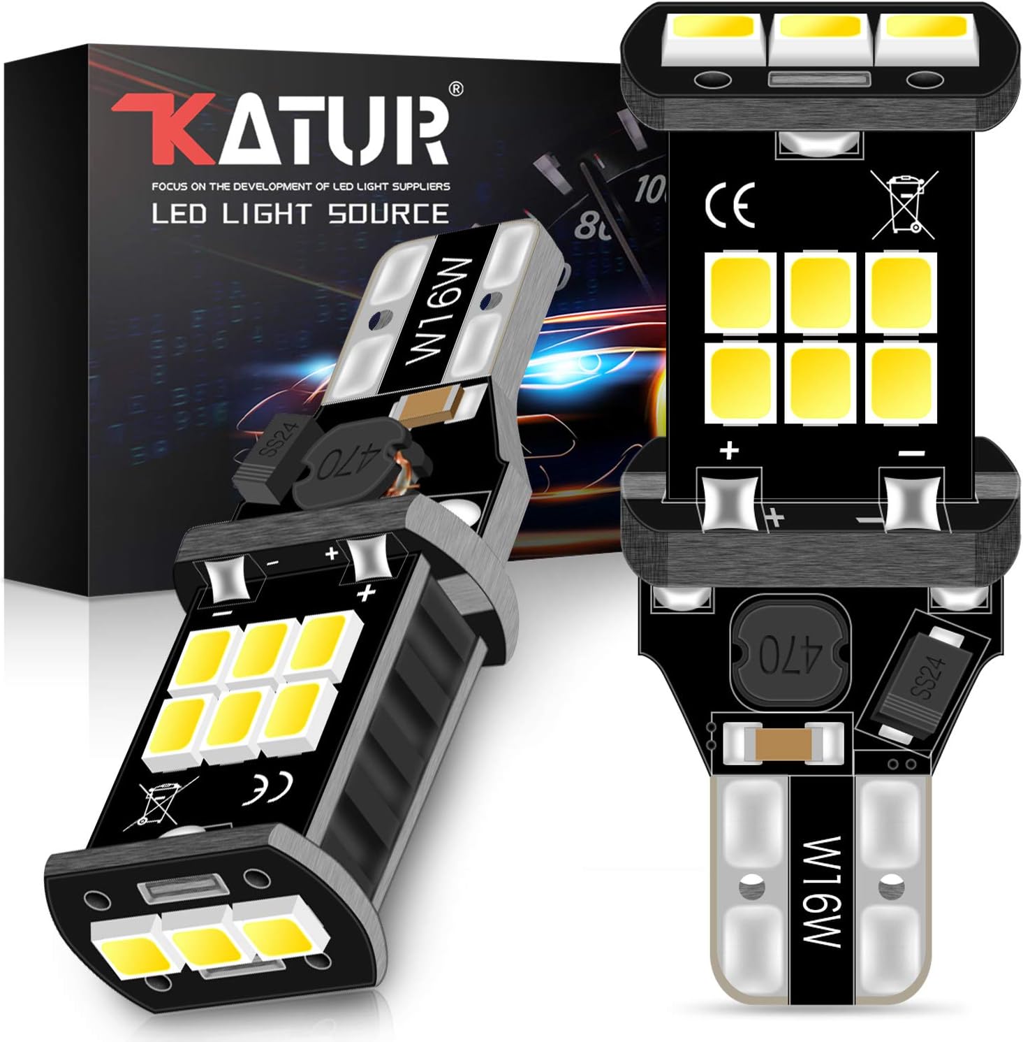 KATUR W16W 921 T15 912 LED Backup Light Bulbs High Power 2835 15-SMD Chipsets Extremely Bright CANBUS Error Free for Back Up Lights Reverse Lights, 6500K White (Pack of 2)