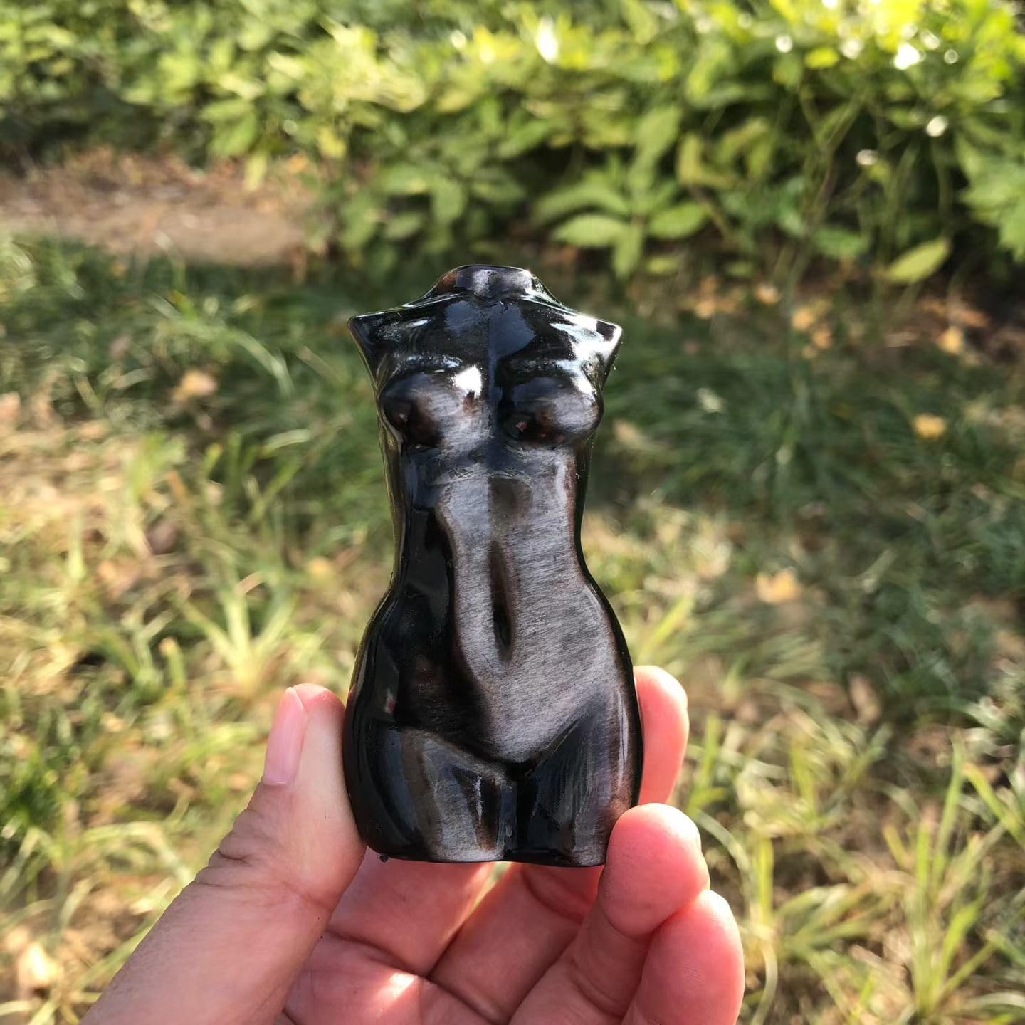 2PCS Silver Black Obsidian Torso Sculptures, Hand-Carved Male and Female Figurines, 3-4 Inch Decorative Art Pieces, Natural Volcanic Glass with Polished Finish