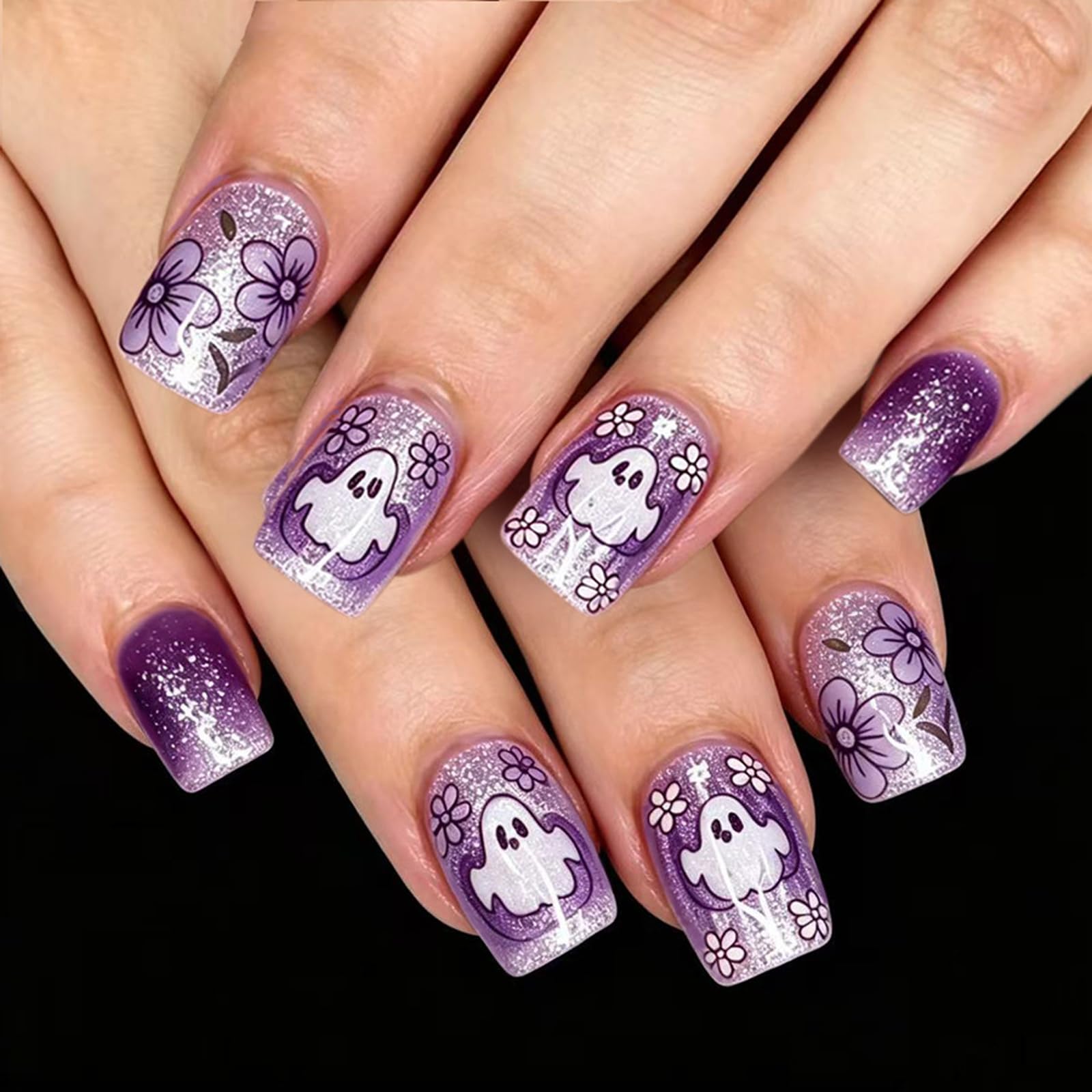 fexxkg Halloween Manicure Tips with Floral, Square Wearable Manicure Set with Gradient Finish and Multi Size Selection