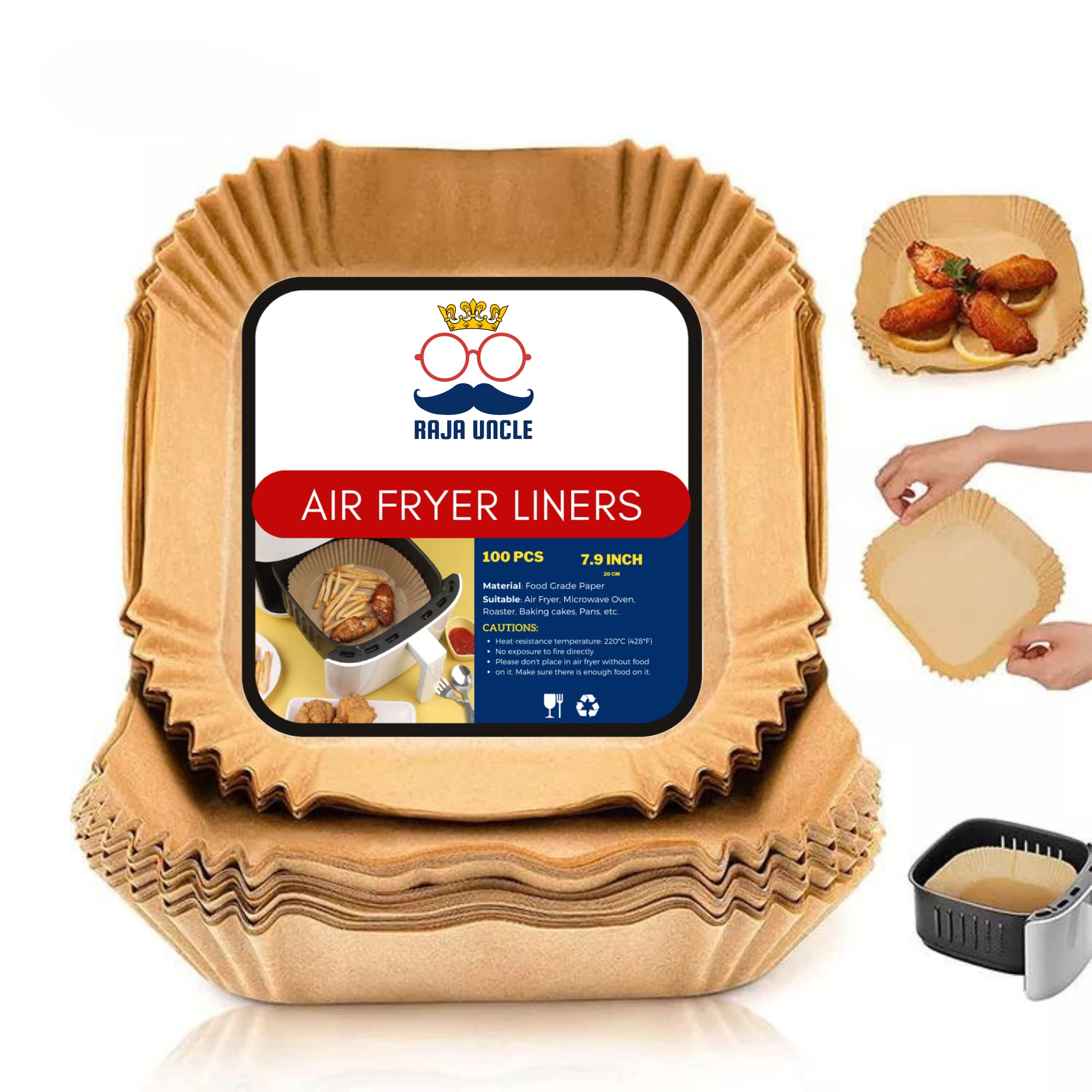 RAJA UNCLE Air Fryer Liners, Parchment Disposable Paper Liners, 100PCS of 7.9 inch Square, Non-Stick, Greaseproof Air Fryer Paper Liners Compatible with COSORI, Ninja, Tefal & Tower Air Fryer