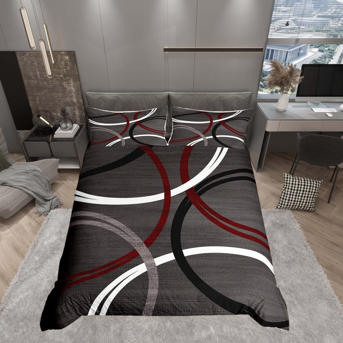 Feelingyou Women's Circle 01 Circle Geometric Bedding Set,Red Gray White Swirls Comforter Cover Set For Teens Room Decor,Abstract Stripes Duvet Cover Breathable Retro Style Bedspread Cover Double Size