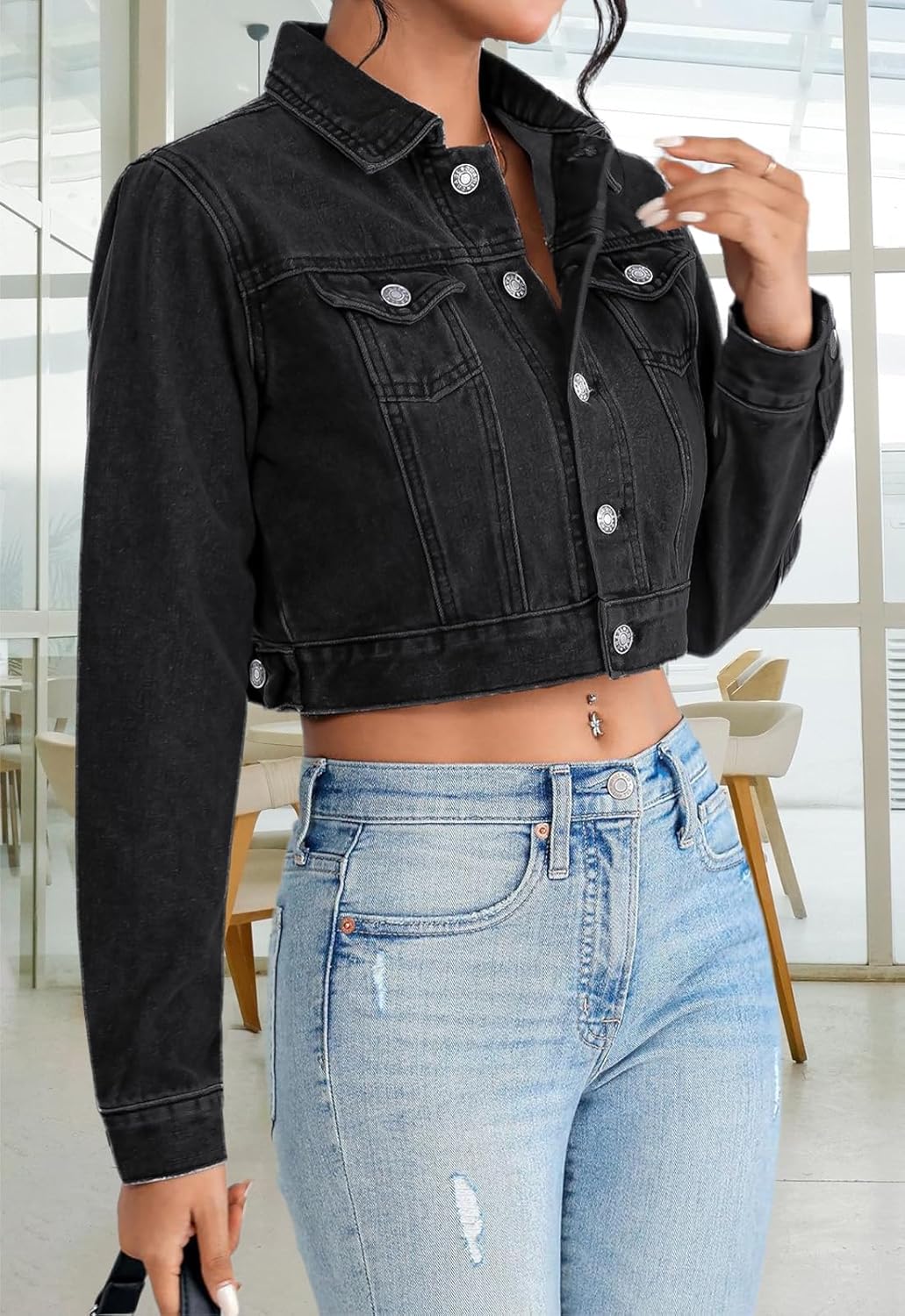 Cropped Jean Jacket for Women Long Sleeve Classic Casual Crop Top Denim Jackets Coat - Image 5