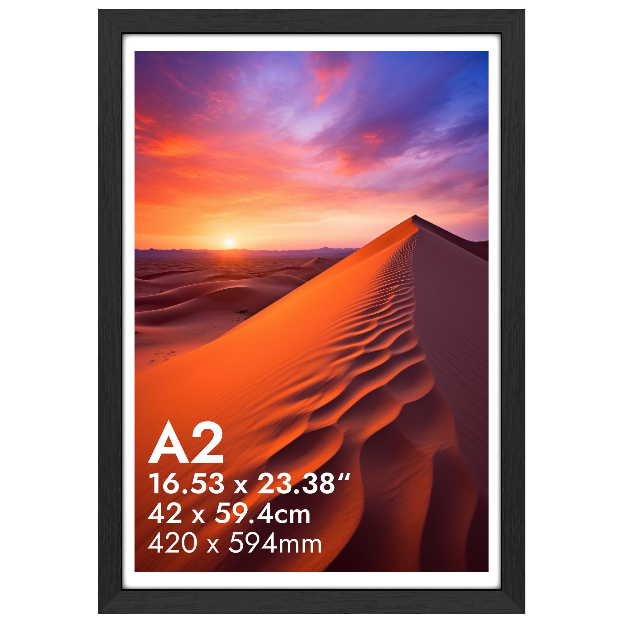 HNK A2 Photo Frame Engineered Wood and Plexiglass, A2 Frame Black (42x59.40cm) Dual Orientation Landscape or Portrait, A2 Picture Frames Wall Hanging Display Photos, Posters for Home, Office — image 1