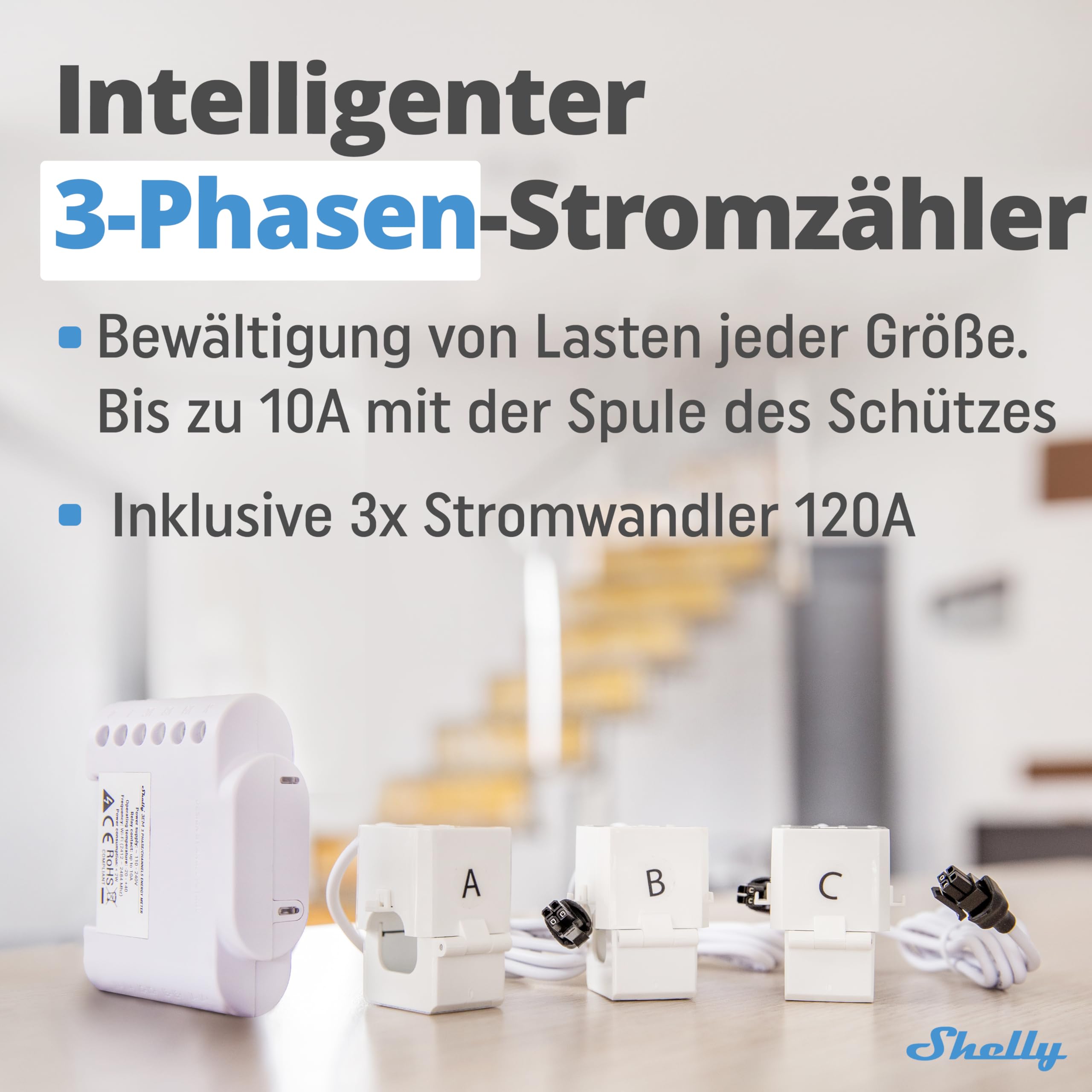 Shelly 3EM | Wlan-gesteuerter intelligenter 3 Kanal Relaisschalter mit Energiemessung und Schützsteuerung | Alexa & Google Home kompatibel | iOS Android App | Kein Hub erforderlich | Stromüberwachung