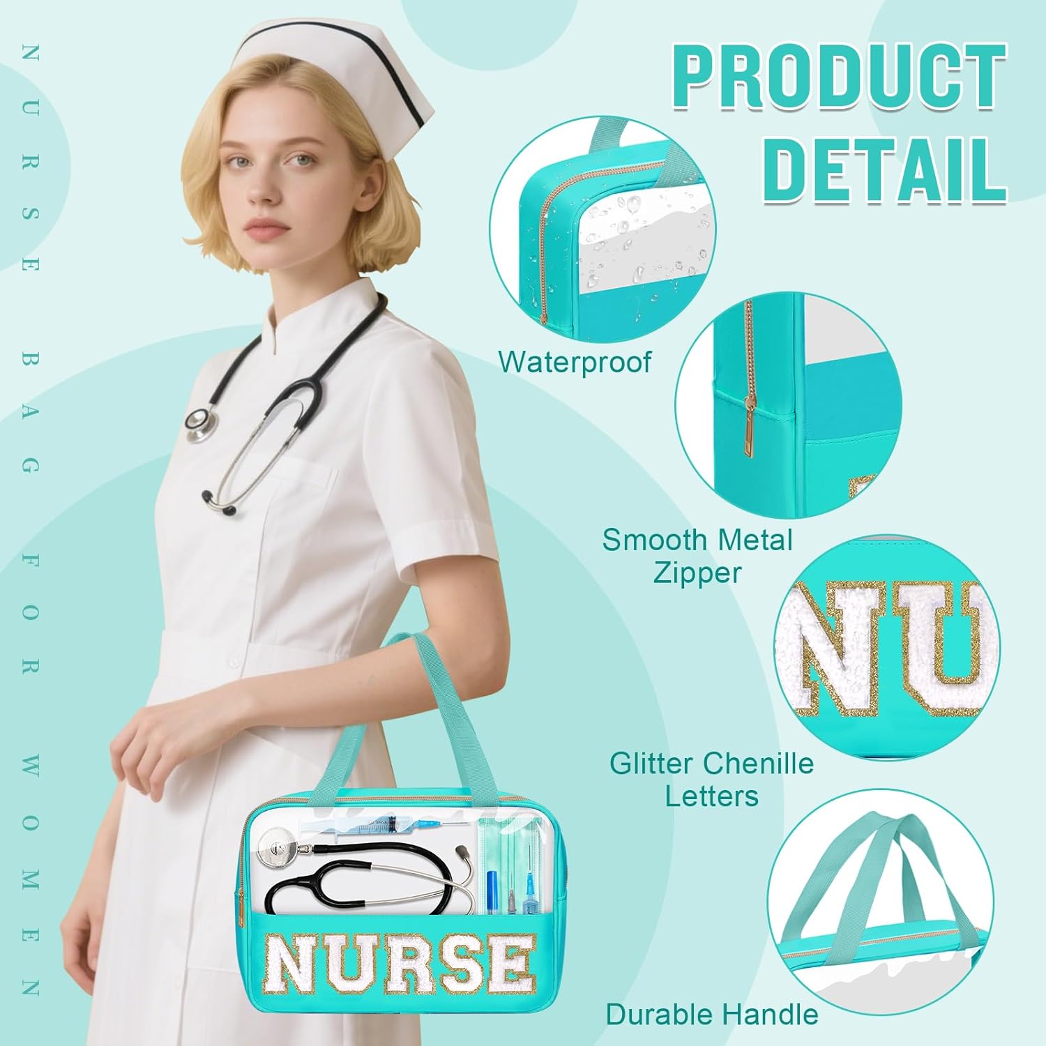 Nurses Week Gifts Chenille Letter NURSE Makeup Bag for Women,Preppy Nurse Cosmetic Pouch Zipper with Handle Nurse Essentials Bag for Work Supplies,Medical Assistant Bag Nursing Students(NURSE-Green) - Image 3