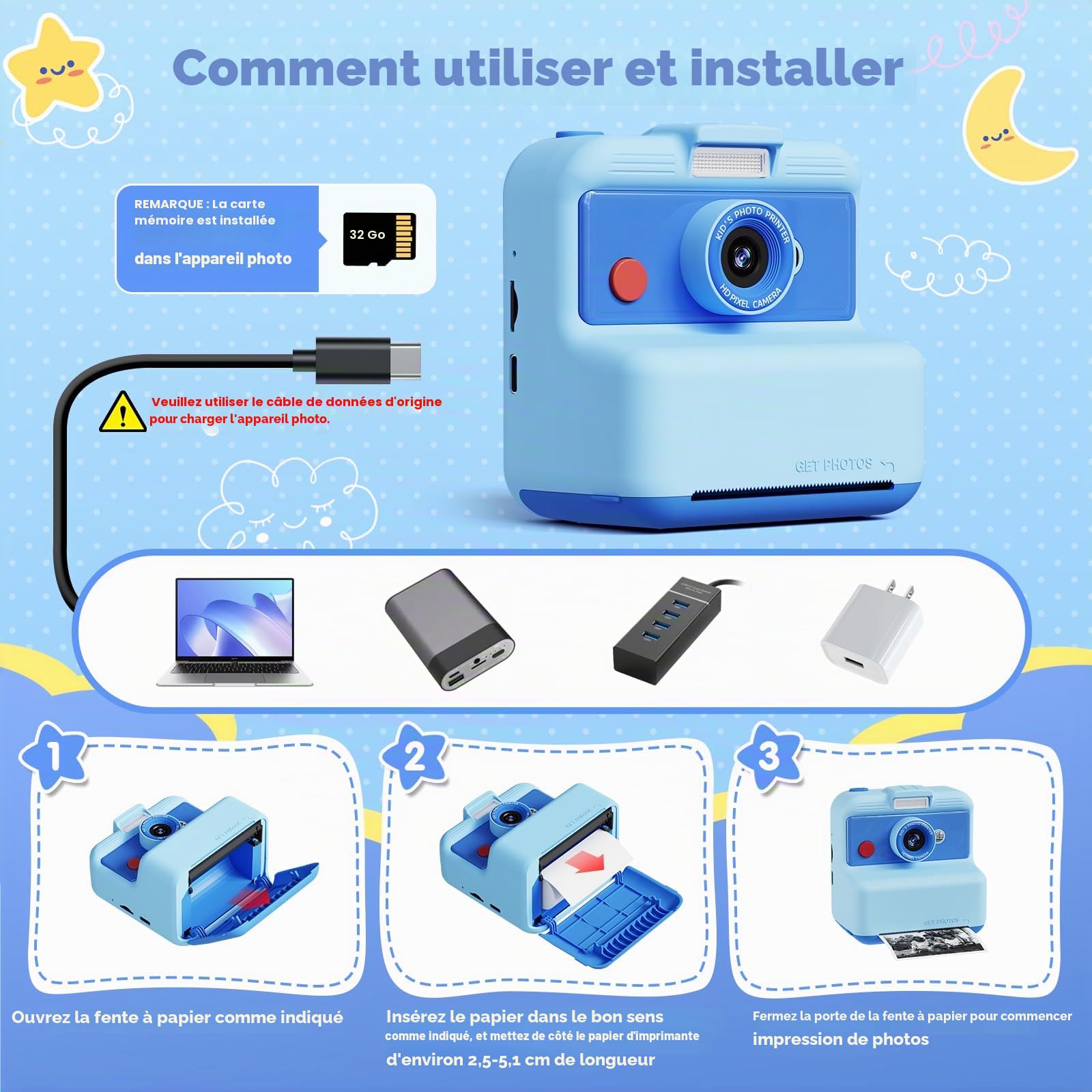CAMCLID Appareil Photo Instantané Enfants, 3,0 Pouces Appareil Photo Numérique Enfant, 48MP/2,5K UHD Appareil Photo Enfant avec Carte 32GB, Jouet Cadeau Exquis pour Garçons Filles 3-12 Ans