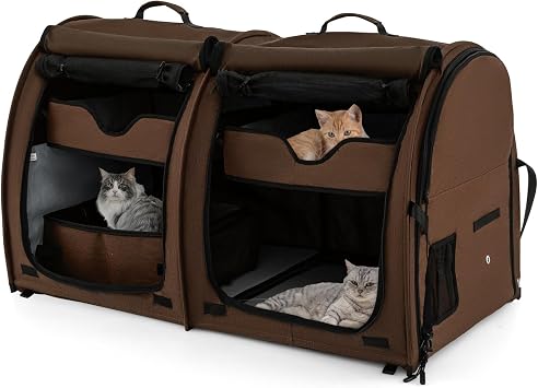 COSTWAY Cat Carrier Bag, 2 Compartments Pet Travel Carriers with Removable Hammocks and Mats, Duble-side Pad, Litter Box, Portable Dog Crate for Cats Puppy Kitten Brown