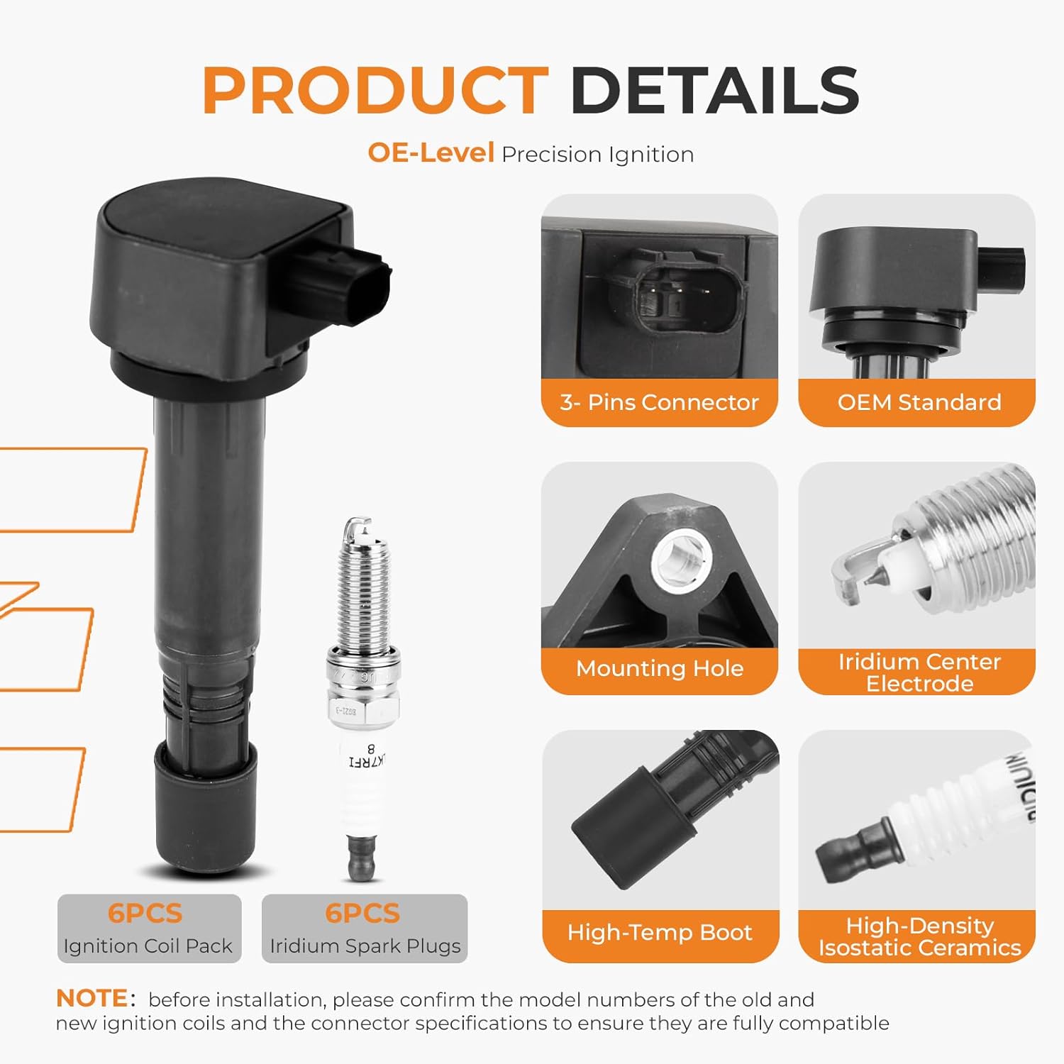Autoexact Ignition Coil Pack and Iridium Spark Plugs Set Fit for Honda 2008-2017 Odyssey 2009-2015 Pilot 2008-2012 Accord, Acura 2013-2015 RDX 2009-2014 TL 3.5L 3.7L V6, # UF624 97390 Set of 6