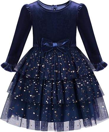 URMAGIC 2-7Y Toddler Girls Fall Winter Velvet Tulle Tutu Dresses Long Sleeve Ruffle Holiday Christmas Princess Party Dress