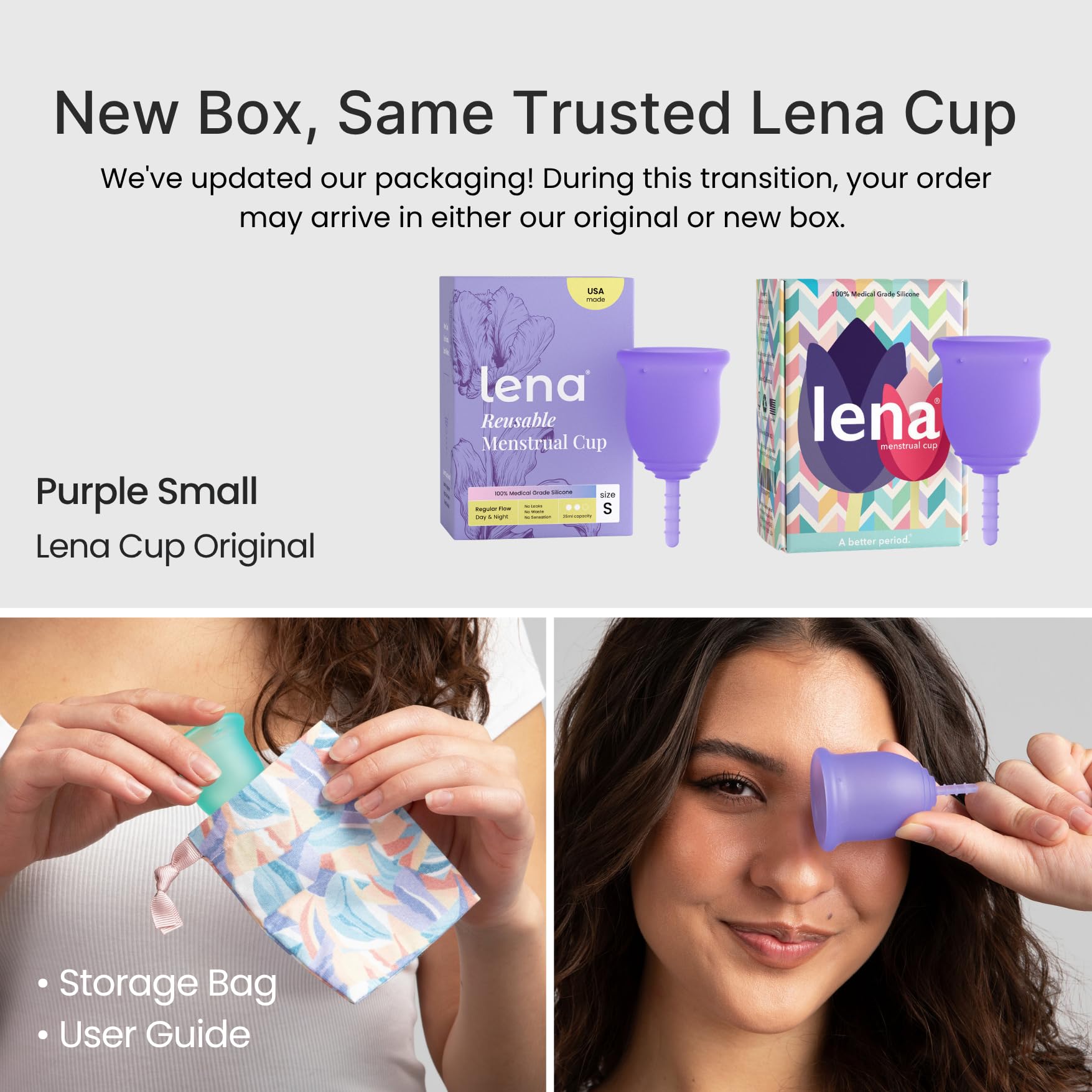 Lena Cup - Copa Menstrual - Hecha en EE.UU. - Alternativa a tampón y compresa/toalla - Para Principiantes - Pequeña - Morada