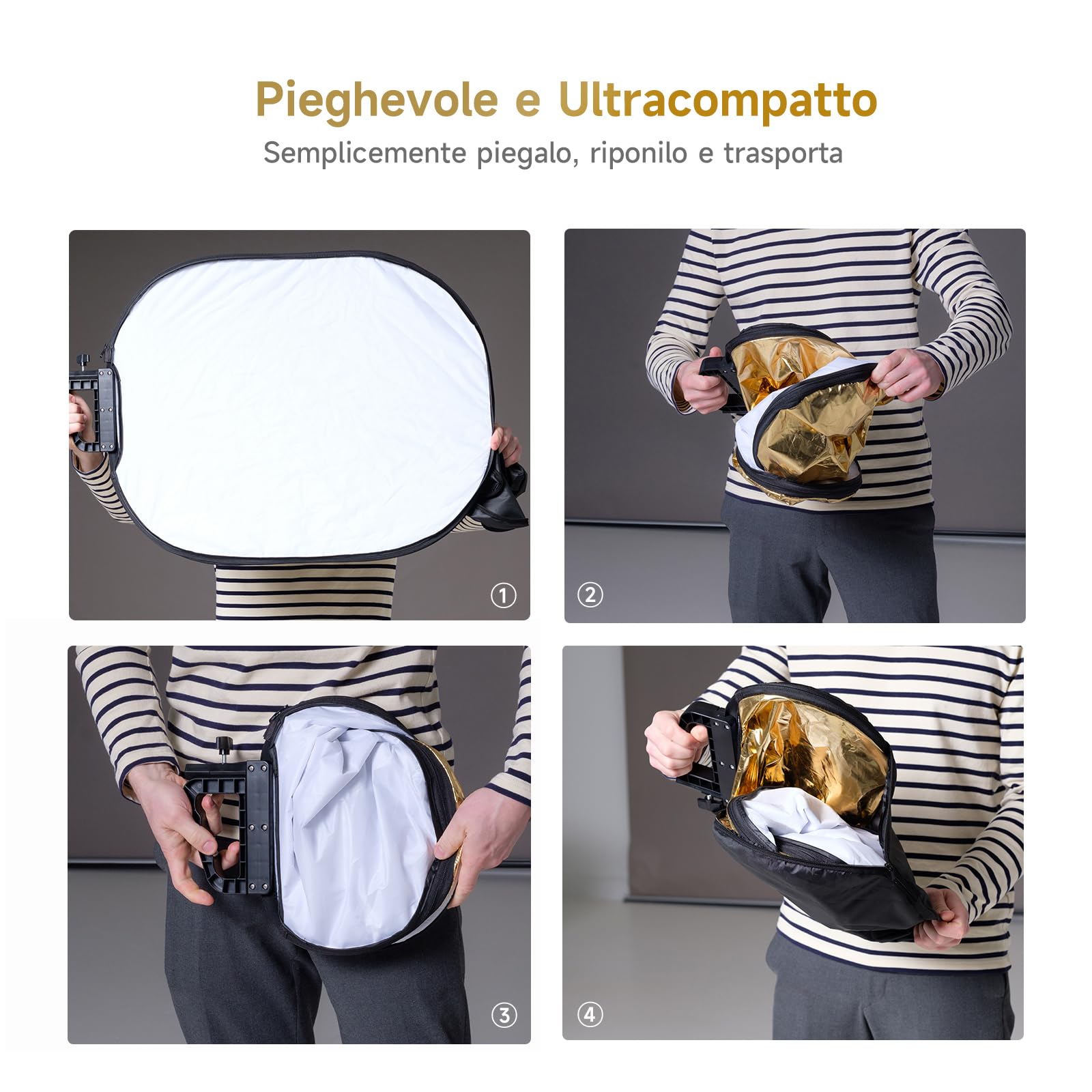 Rollei 5 in 1 Pannello Riflettente Fotografico Pieghevole 60 x 75 cm Light Reflector Leggero e Compatto 600 g per Studio e Illuminazione Esterni, Pannello-Riflettente- Luce-Fotografico-Pieghevole