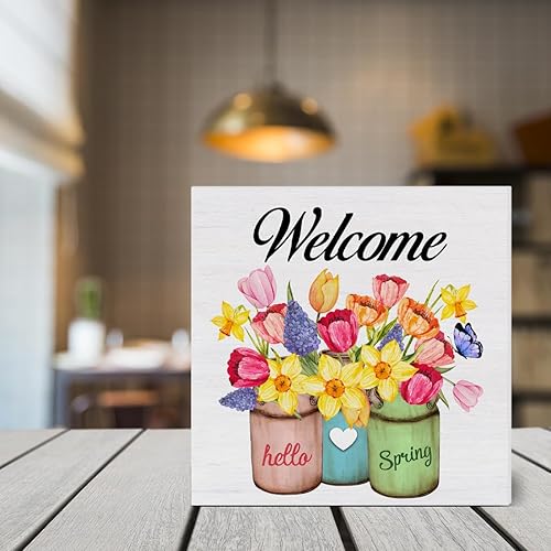 Miniatura 4 de Decoración de primavera para el hogar, decoración de primavera con texto en inglés "Hello Spring Flowers", letrero de madera para escritorio, mesa,