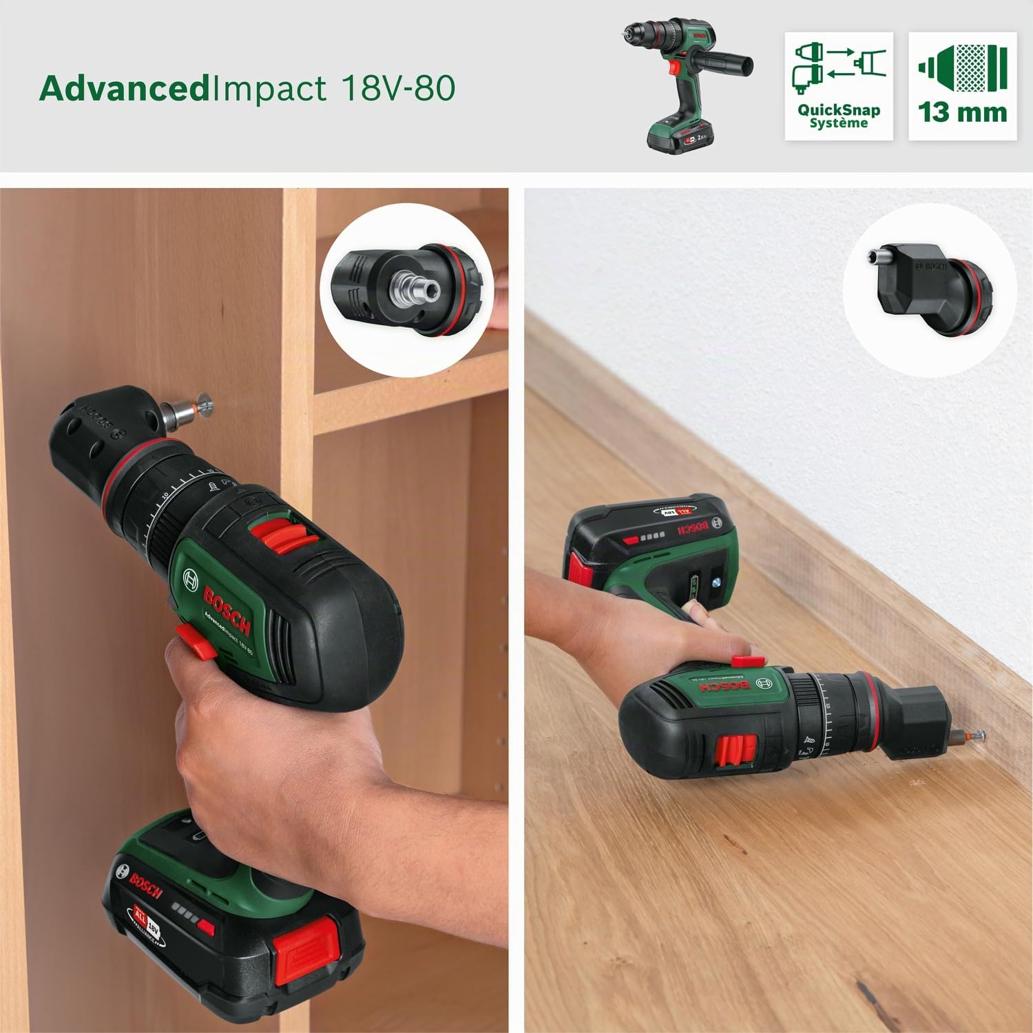 Bosch Perceuse-visseuse à percussion sans fil AdvancedImpact 18V-80 QuickSnap (pour percer et visser ; système 18V ; sans charbon ; 82 Nm ; mandrin de 13 mm ; poignée auxiliaire ; sans batterie)