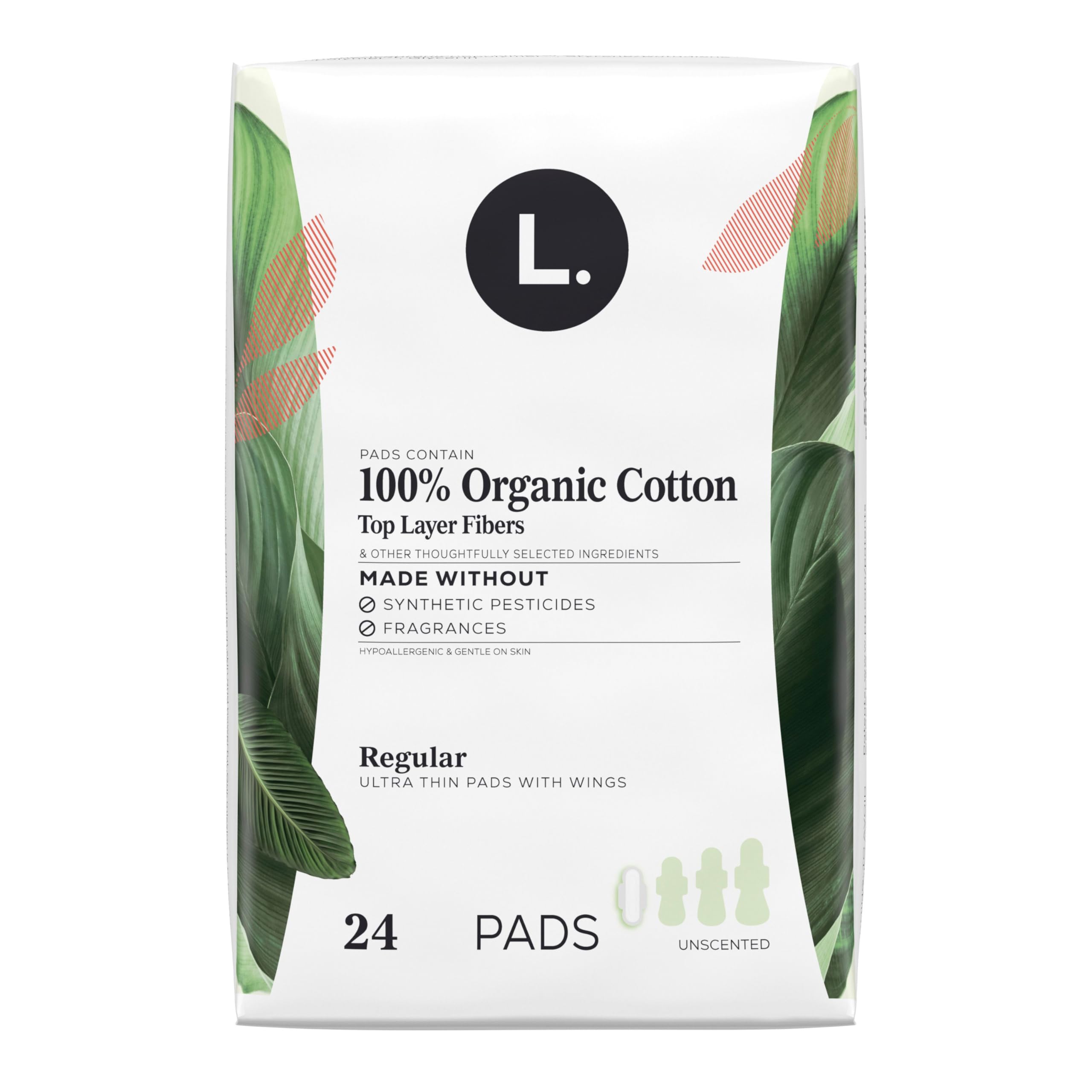 Ultra Thin Pads for Women, Organic Cotton Top Layer, Regular Absorbency, Menstrual Pads with Wings, Made Without Synthetic Pesticides and Fragrances, 24 Count