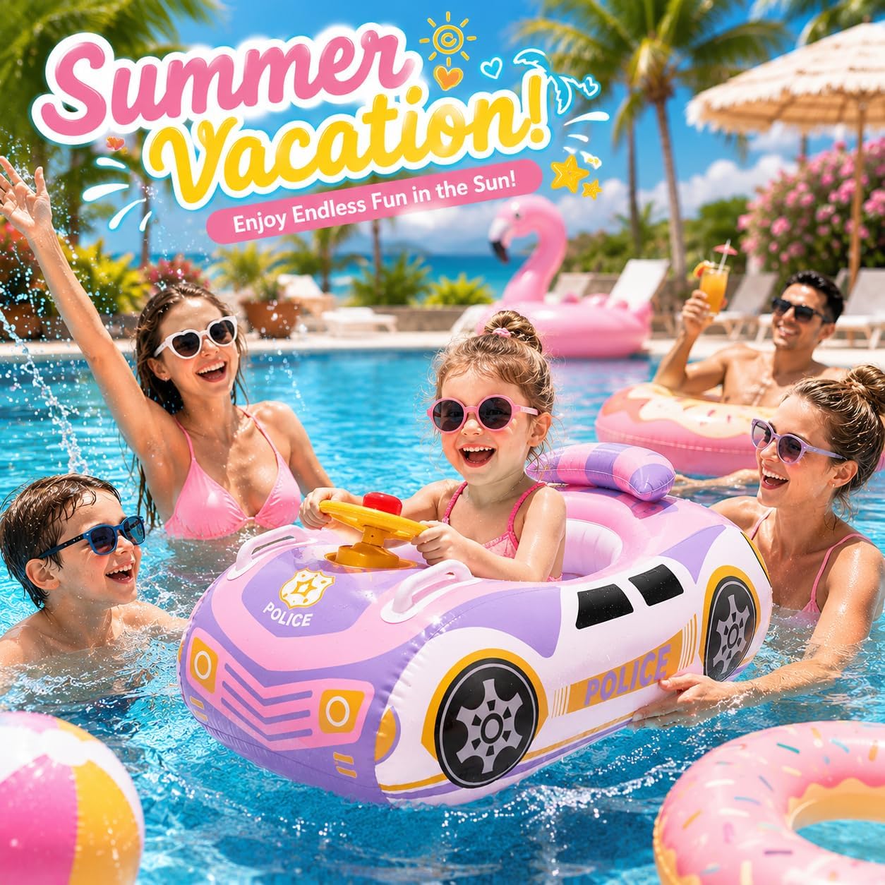 Toddler Pool Float Car with Steering Wheel No Flip Baby Pool Float with Seat&Backrest,Thick PVC Inflatable Police Car Baby Swim Float Kids Boat Float for 12-24 Months, Age 2-3, 3+ Years
