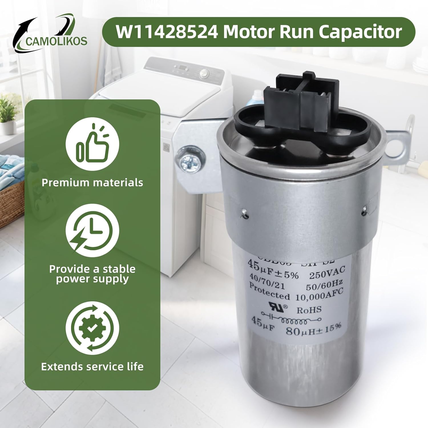 W11428524 Motor Run Capacitor W10866238 45uF 50/60Hz 10000AFC Fits for Whirlpool Maytag W11175257 AP6981681 PS12745632 EAP12745632
