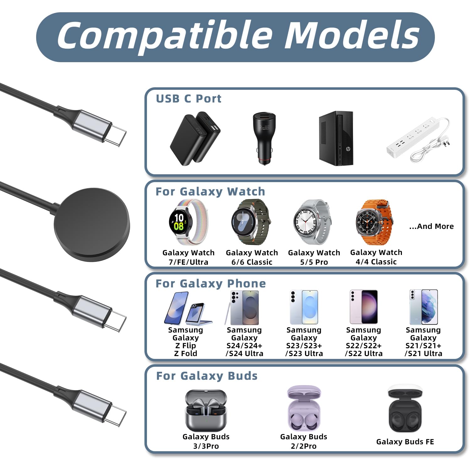 Clolasa USB C 2 in 1 Multi Fast Charger Charging Cable for Samsung Galaxy Watch 7/FE/Ultra/6/6 Classic/5/5 Pro/4/4 classic/3/Active 2/Active & Galaxy S24/S23/S22/21/20 Note-4FT
