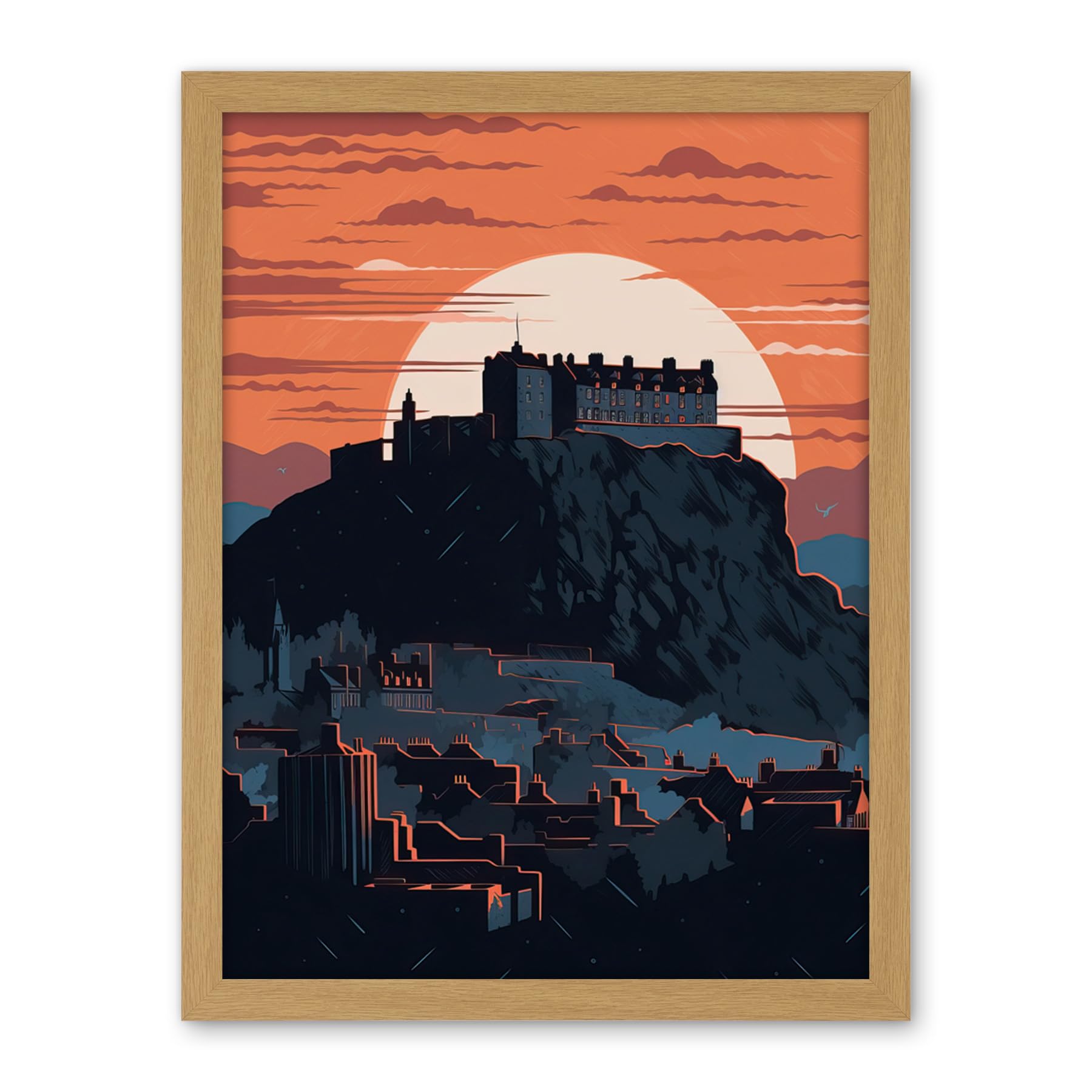 Artery8 Edinburgh Castle and Old Town Atmospheric Sunset Artwork Framed Wall Art Print 18X24 Inch