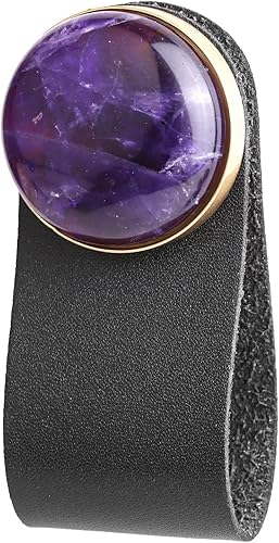 Rockcloud Paquete de 2 pomos redondos de amatista para cajones con cuero negro, tiradores circulares pulidos para armarios, armarios, aparadores,