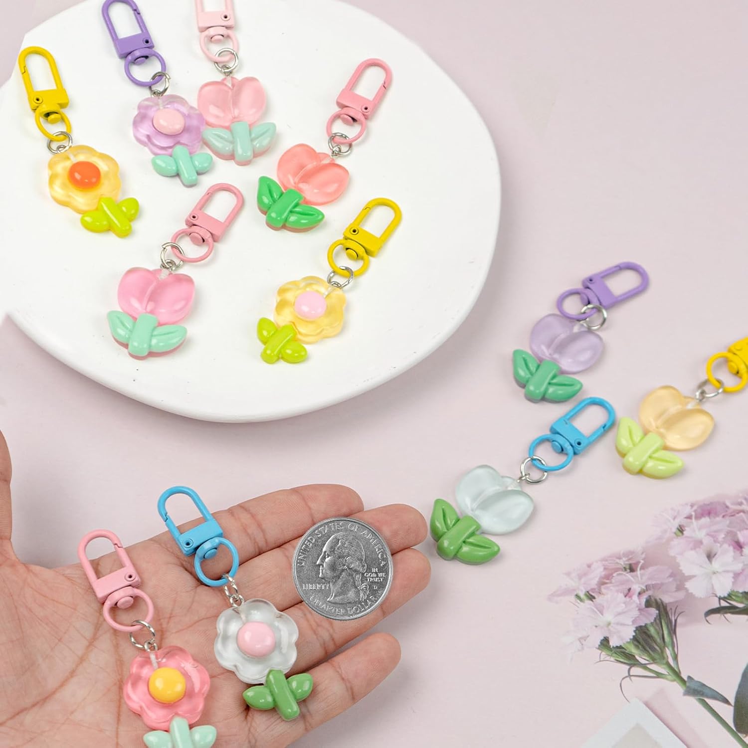 24 Pcs Cute Flower Keychain and Tulip Keychain Set, Cute Charms for Keychains Backpack Decorations for Women - Image 7