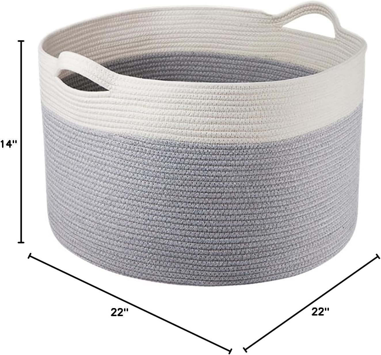Large Laundry Hamper,Woven Cotton Rope Dirty Clothes Hamper,Foldable Laundry Basket with Handle for Nursery,Bathroom,Bedroom,Kids Toy-Grey White,14''H x 22''D