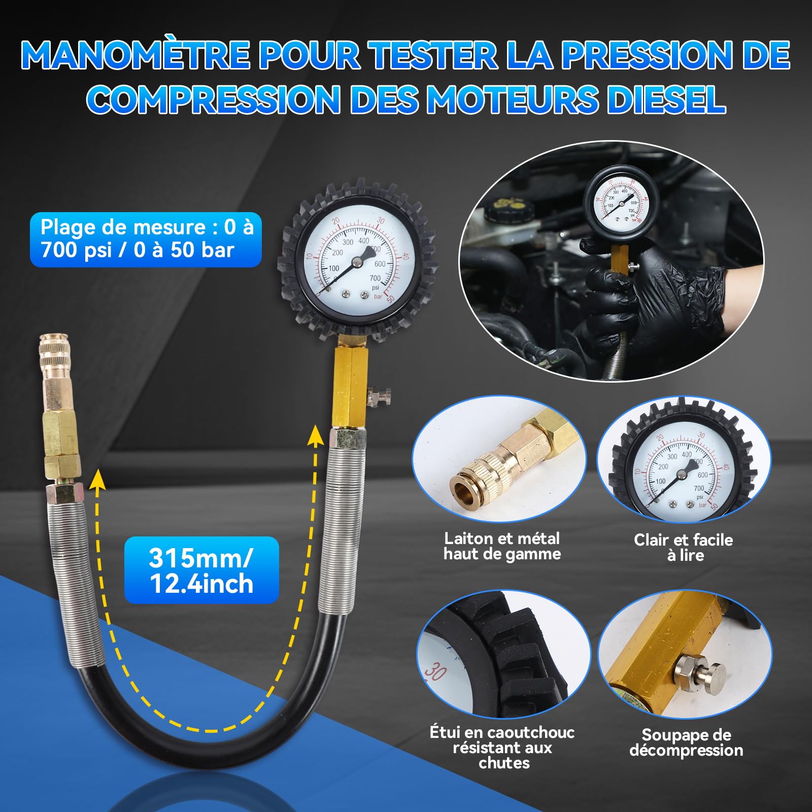 47 Pièces Testeur de Compression, pour Moteurs Essence et Diesel, Testeur de Compression Diesel 0-50 Bars, Kit de Testeur de Fuite de Cylindre à Double Jauge pour Moteurs HDI, TDCi, Pumpe Duse