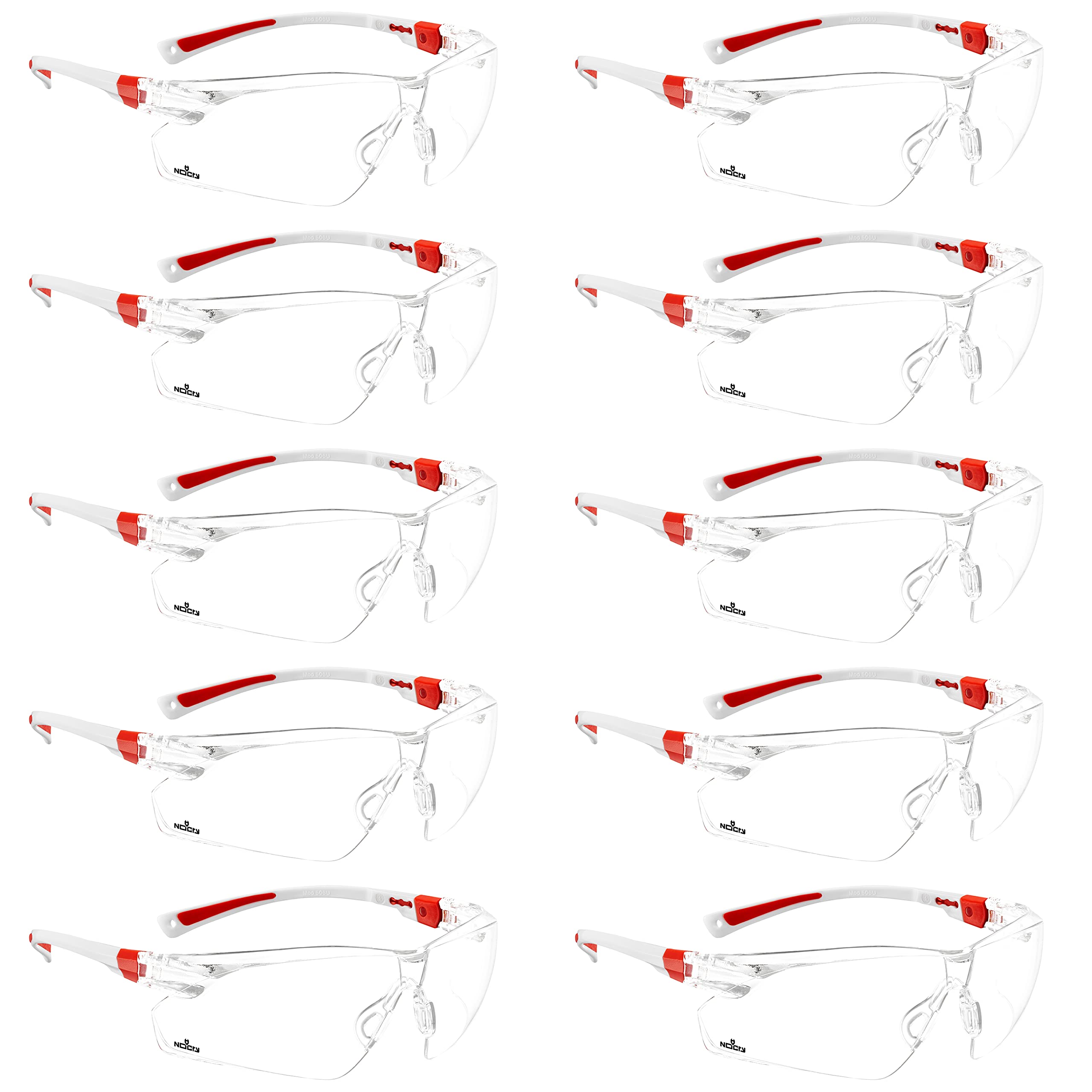 NoCrySafety Glasses with Clear Anti Fog Scratch Resistant Wrap-Around Lenses and No-Slip Grips, UV Protection. Adjustable, White & Red Frames (10 pack)