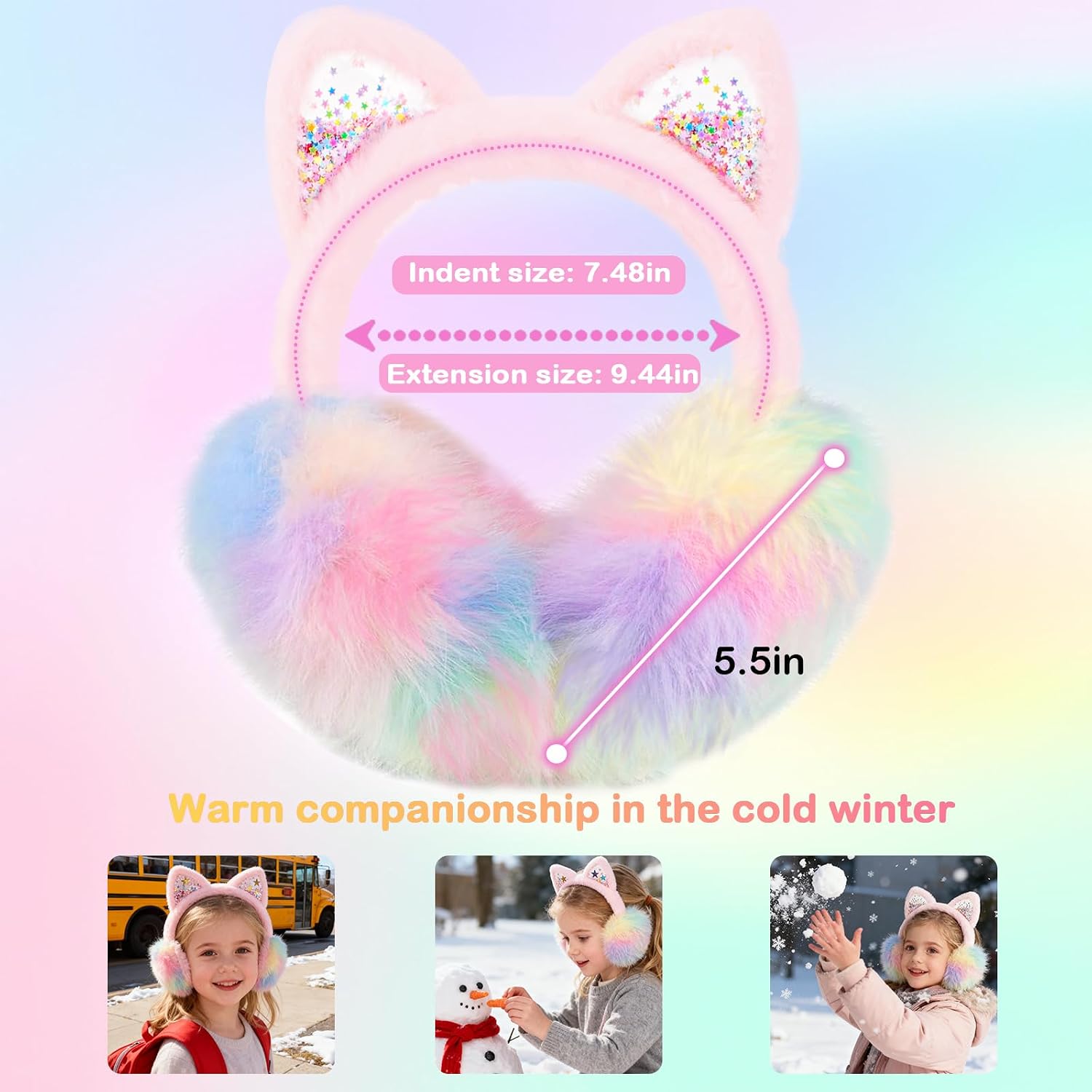 Knit Ear muffs Gloves Set for Kids Adjustable Winter Warm Furry Cat Ear Warmers for Girls Boys Outdoor