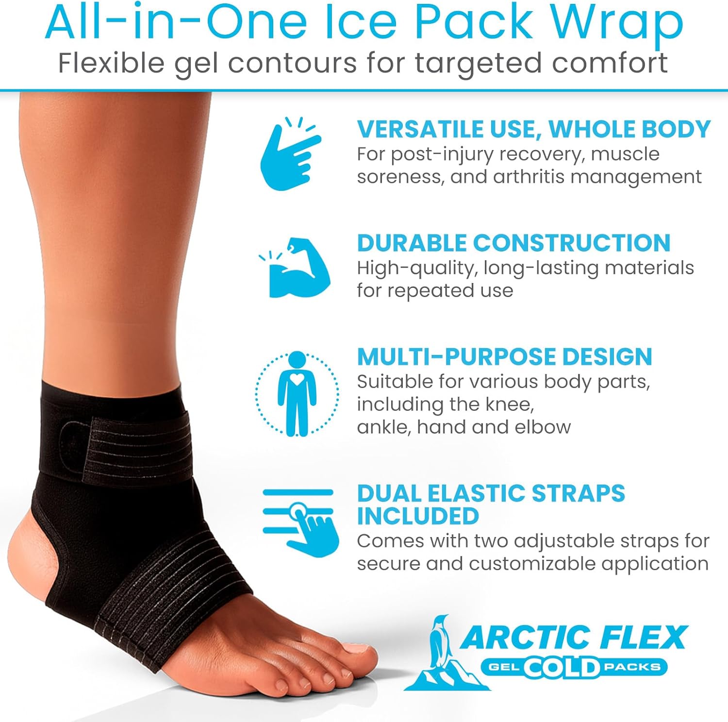Arctic Flex Multi-Purpose Ice Pack Wrap - Reusable Gel Ice Packs for Ankle Injuries, Hot & Cold Compression Therapy for Pain Relief, Plantar Fasciitis, Achilles Tendonitis, Knee, Elbow & Hand Pain