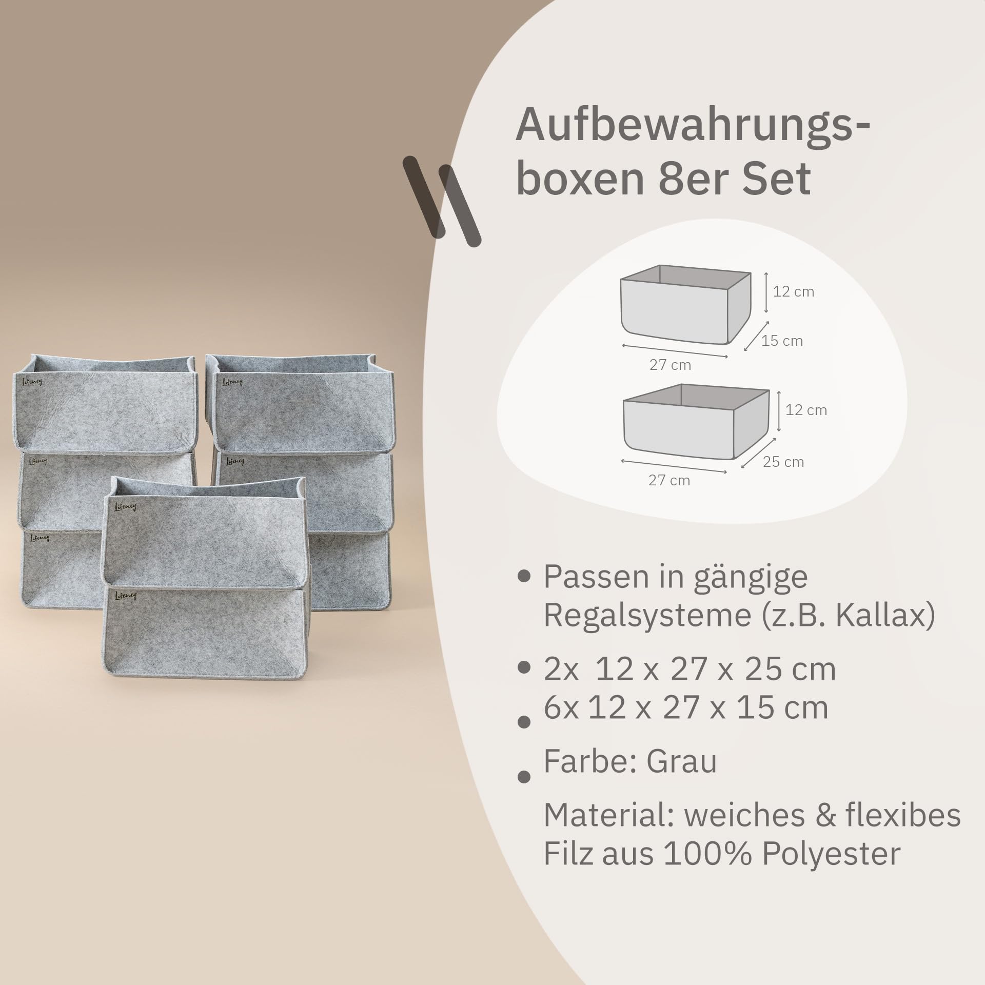 Aufbewahrungsbox 8er Set – Schrank Organizer aus der Serie Organize your closet – Für Stauraum & Ordnung im Kleiderschrank – 6x 12x27x25 cm & 2x 12x27x15 cm, Material: Filz